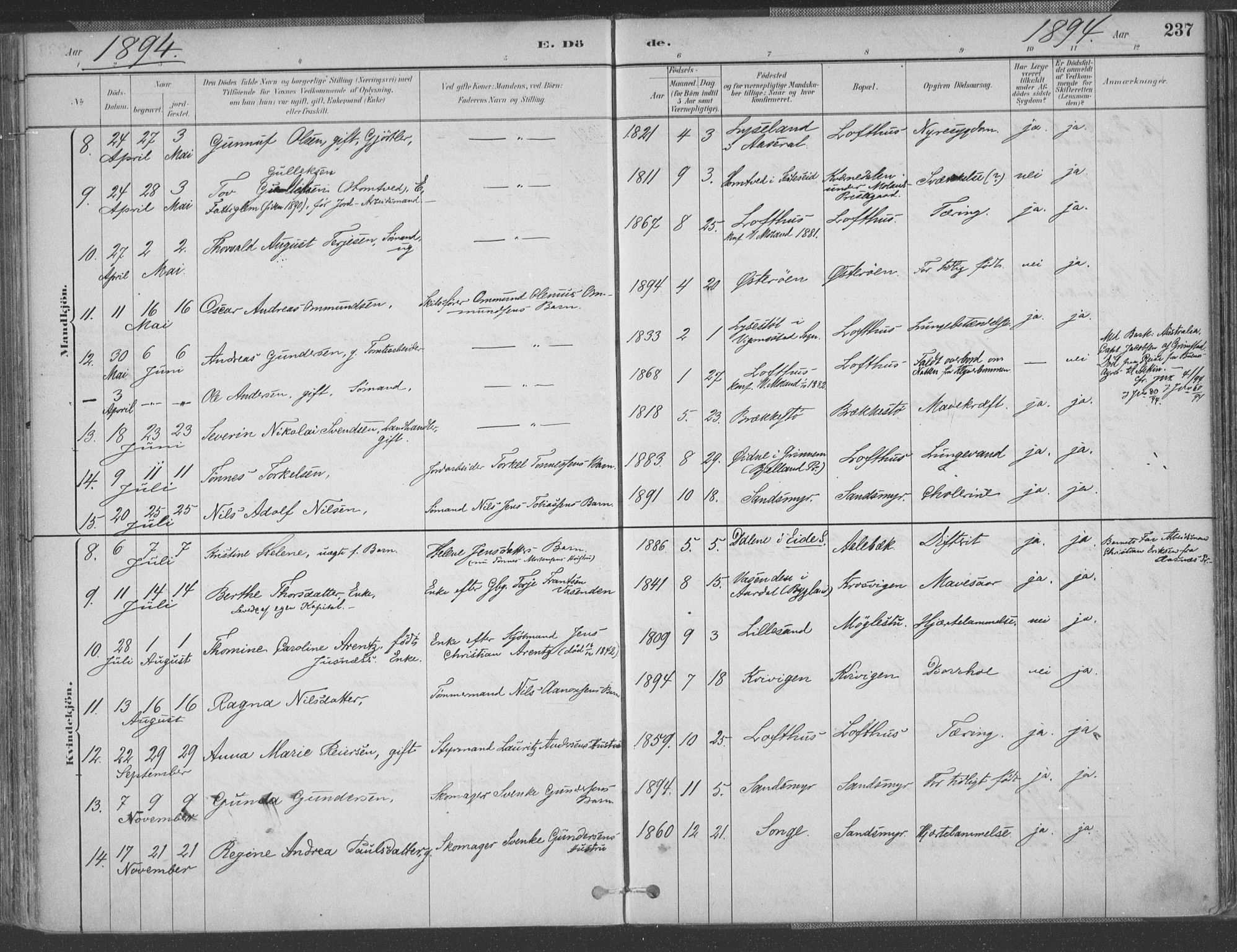 Vestre Moland sokneprestkontor, SAK/1111-0046/F/Fa/Fab/L0009: Parish register (official) no. A 9, 1884-1899, p. 237