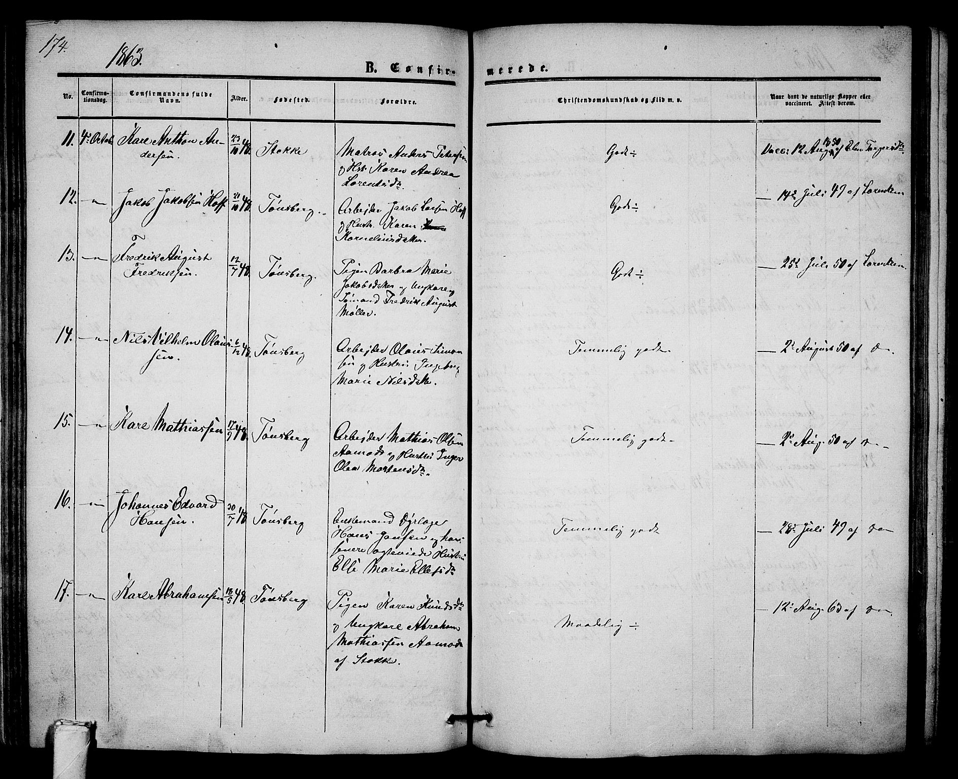 Tønsberg kirkebøker, AV/SAKO-A-330/G/Ga/L0003: Parish register (copy) no. 3, 1855-1864, p. 174