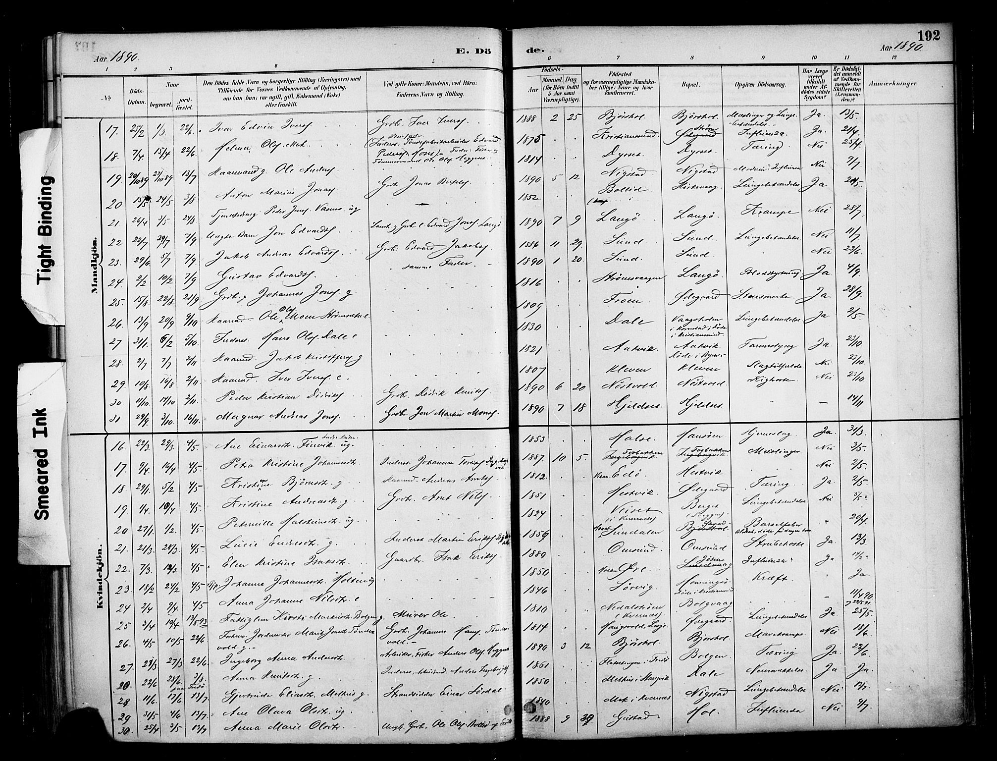 Ministerialprotokoller, klokkerbøker og fødselsregistre - Møre og Romsdal, AV/SAT-A-1454/569/L0819: Parish register (official) no. 569A05, 1885-1899, p. 192