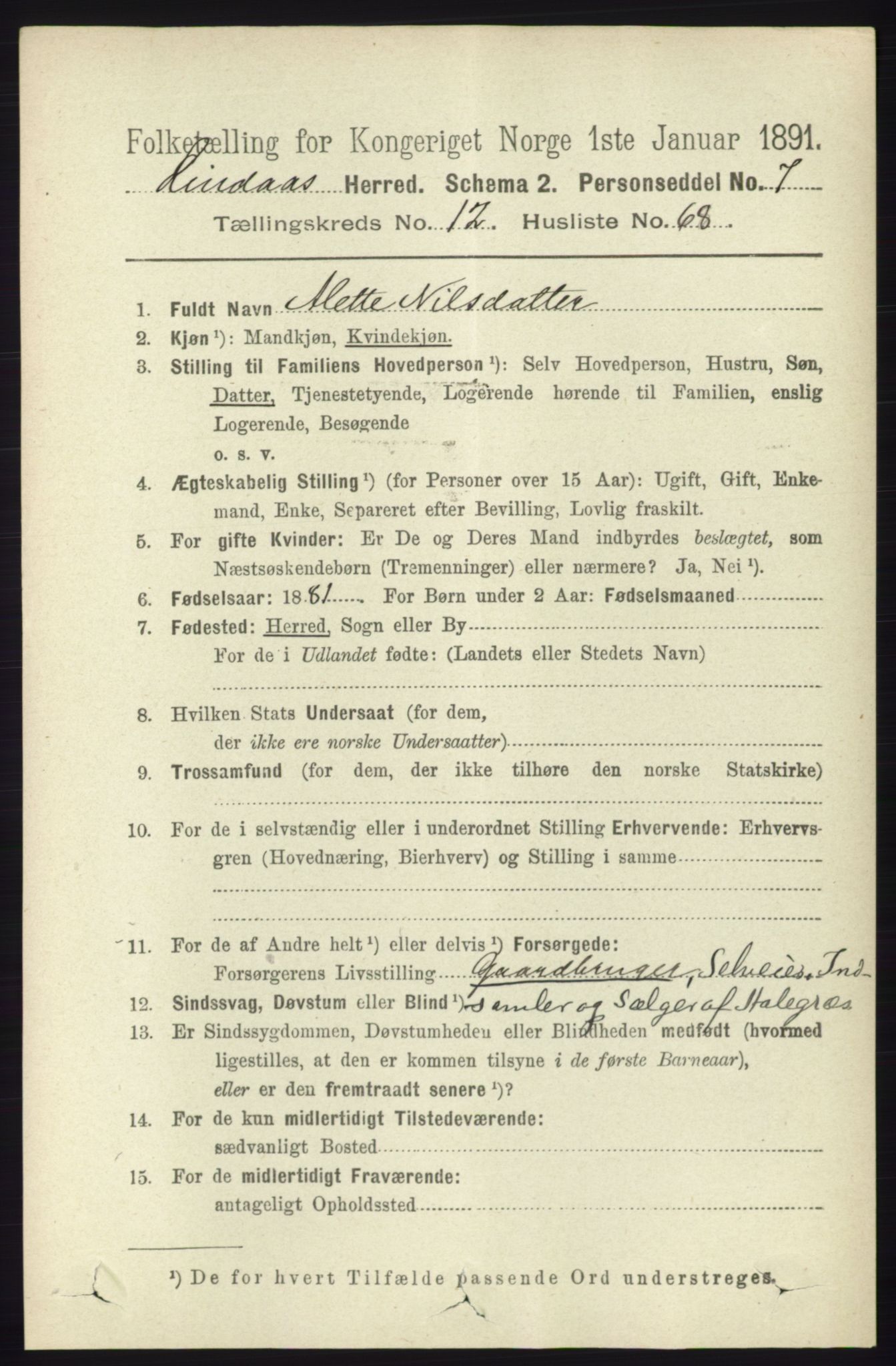 RA, 1891 census for 1263 Lindås, 1891, p. 4490