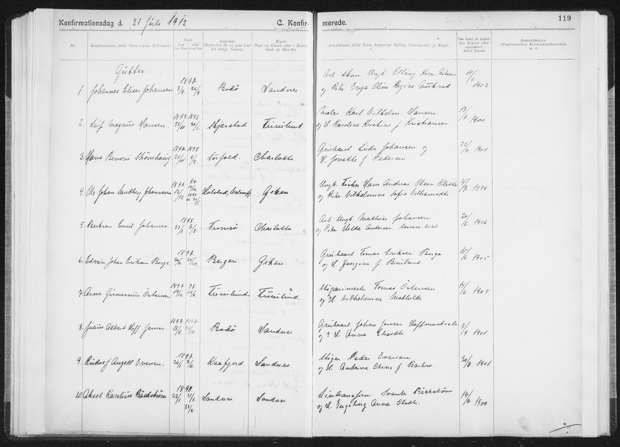 Ministerialprotokoller, klokkerbøker og fødselsregistre - Nordland, SAT/A-1459/850/L0711: Curate's parish register no. 850B01, 1902-1915, p. 119