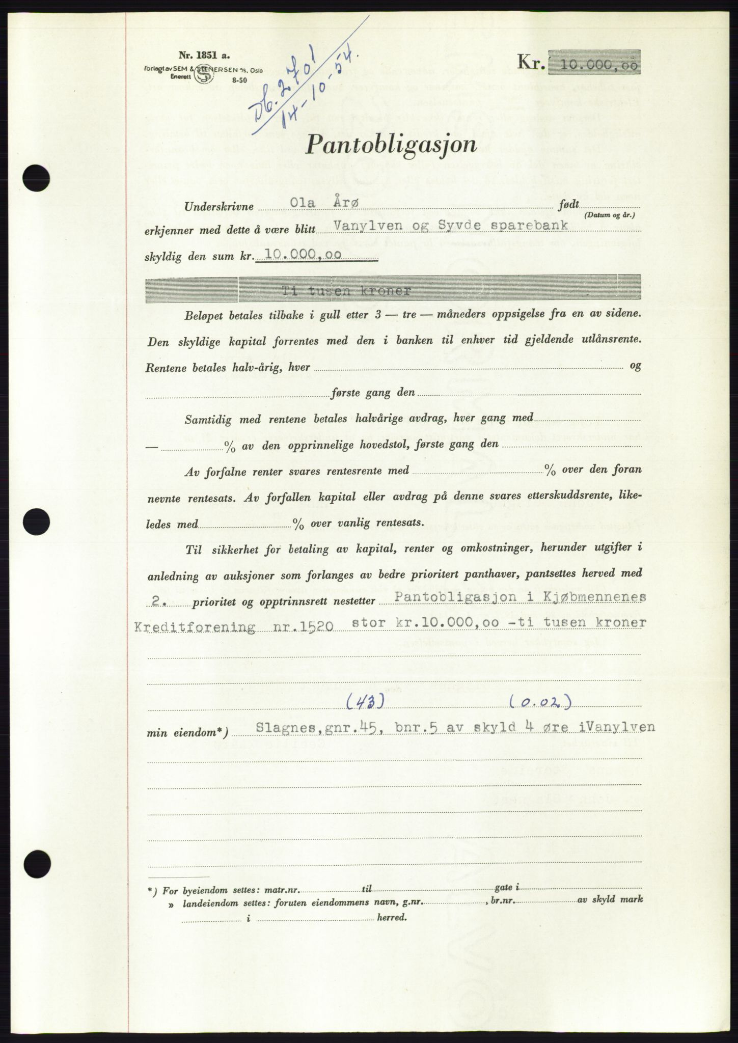 Søre Sunnmøre sorenskriveri, AV/SAT-A-4122/1/2/2C/L0126: Mortgage book no. 14B, 1954-1955, Diary no: : 2701/1954