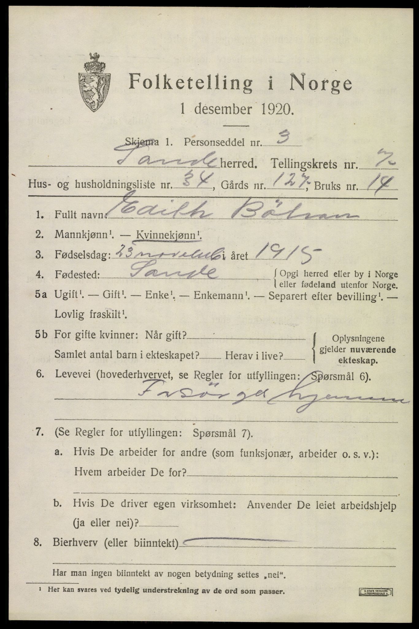 SAKO, 1920 census for Sande, 1920, p. 8390