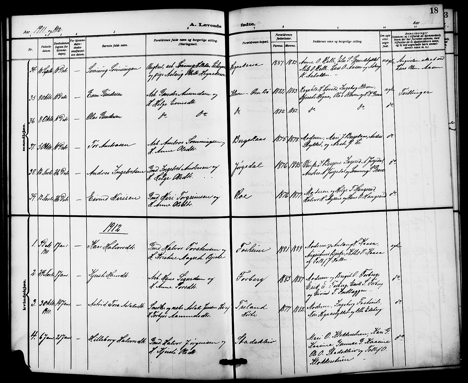 Bø kirkebøker, SAKO/A-257/G/Ga/L0007: Parish register (copy) no. 7, 1909-1924, p. 18