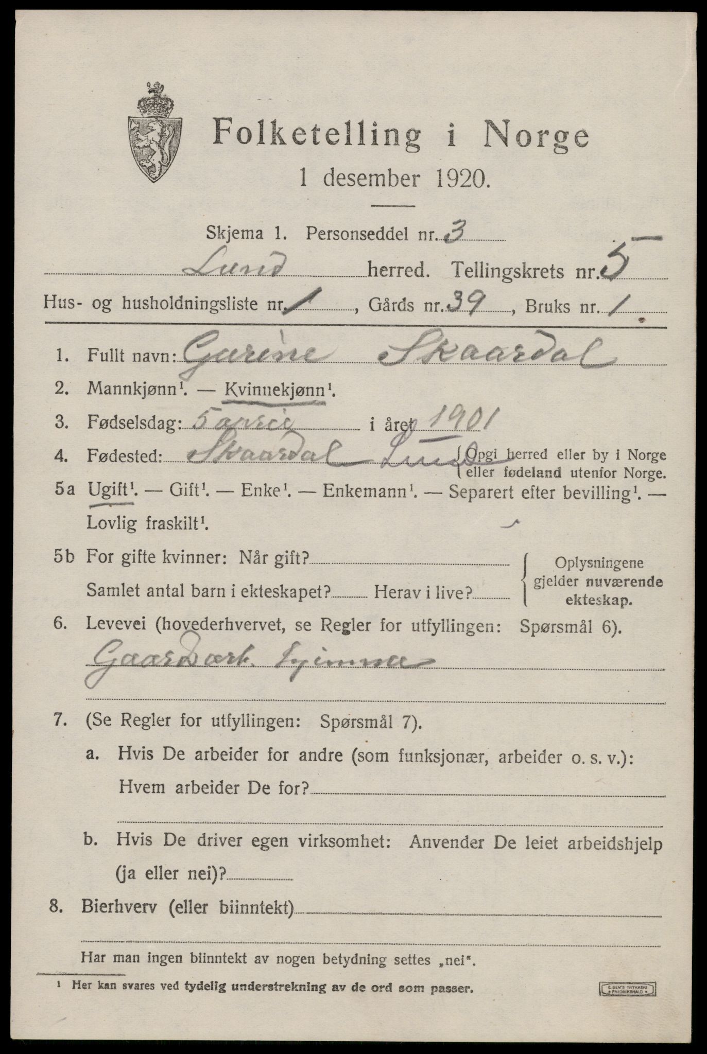 SAST, 1920 census for Lund, 1920, p. 3136