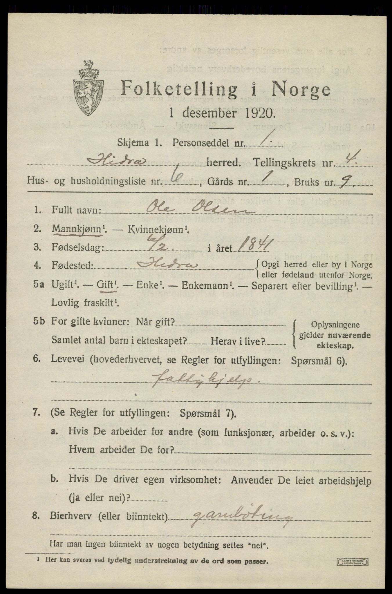 SAK, 1920 census for Hidra, 1920, p. 2114