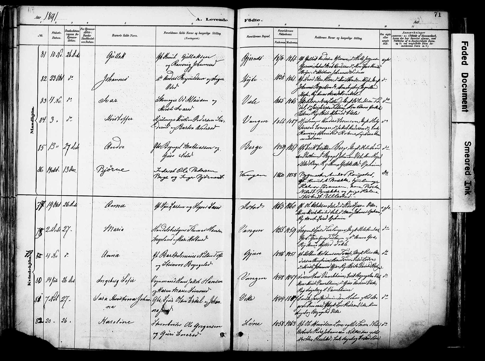 Voss sokneprestembete, AV/SAB-A-79001/H/Haa: Parish register (official) no. A 21, 1887-1903, p. 71