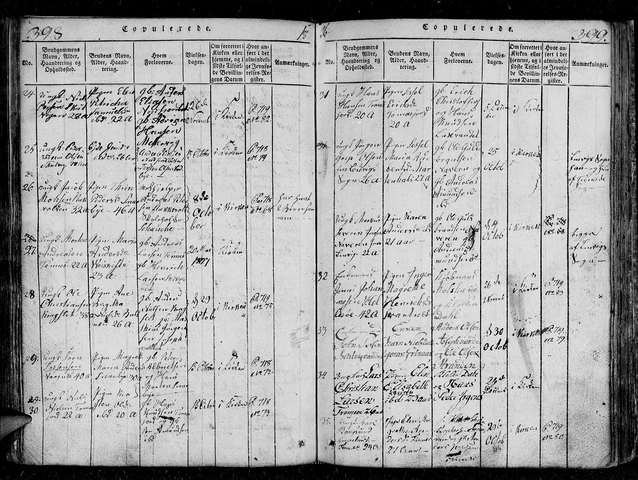 Tromsø sokneprestkontor/stiftsprosti/domprosti, AV/SATØ-S-1343/G/Gb/L0001klokker: Parish register (copy) no. 1, 1821-1833, p. 398-399