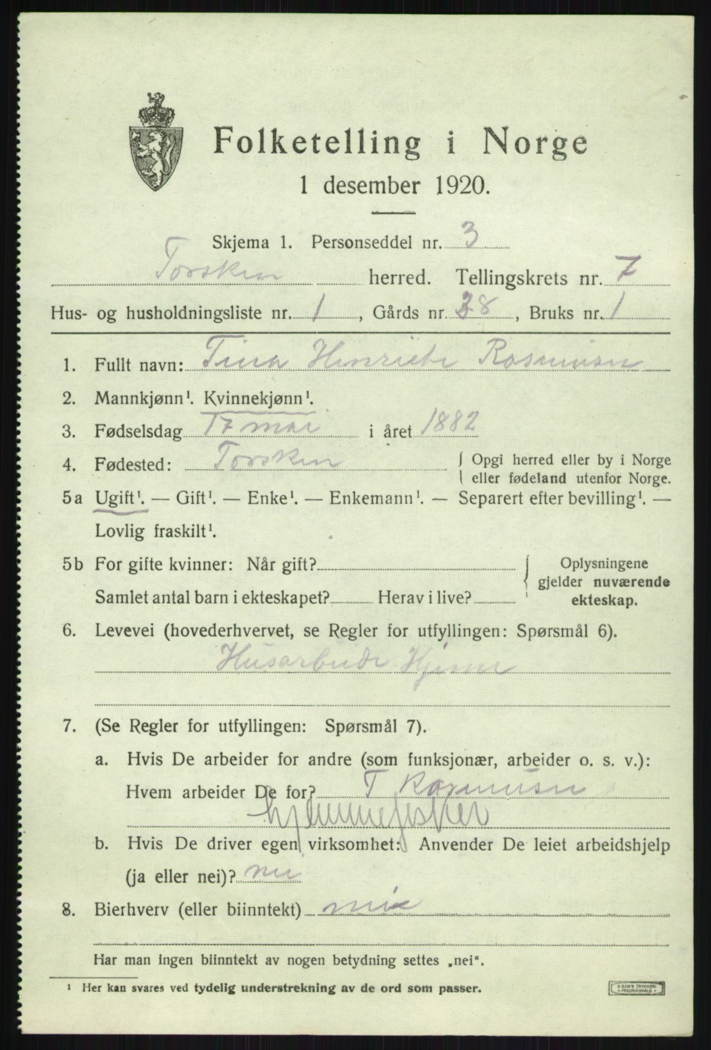 SATØ, 1920 census for Torsken, 1920, p. 3266