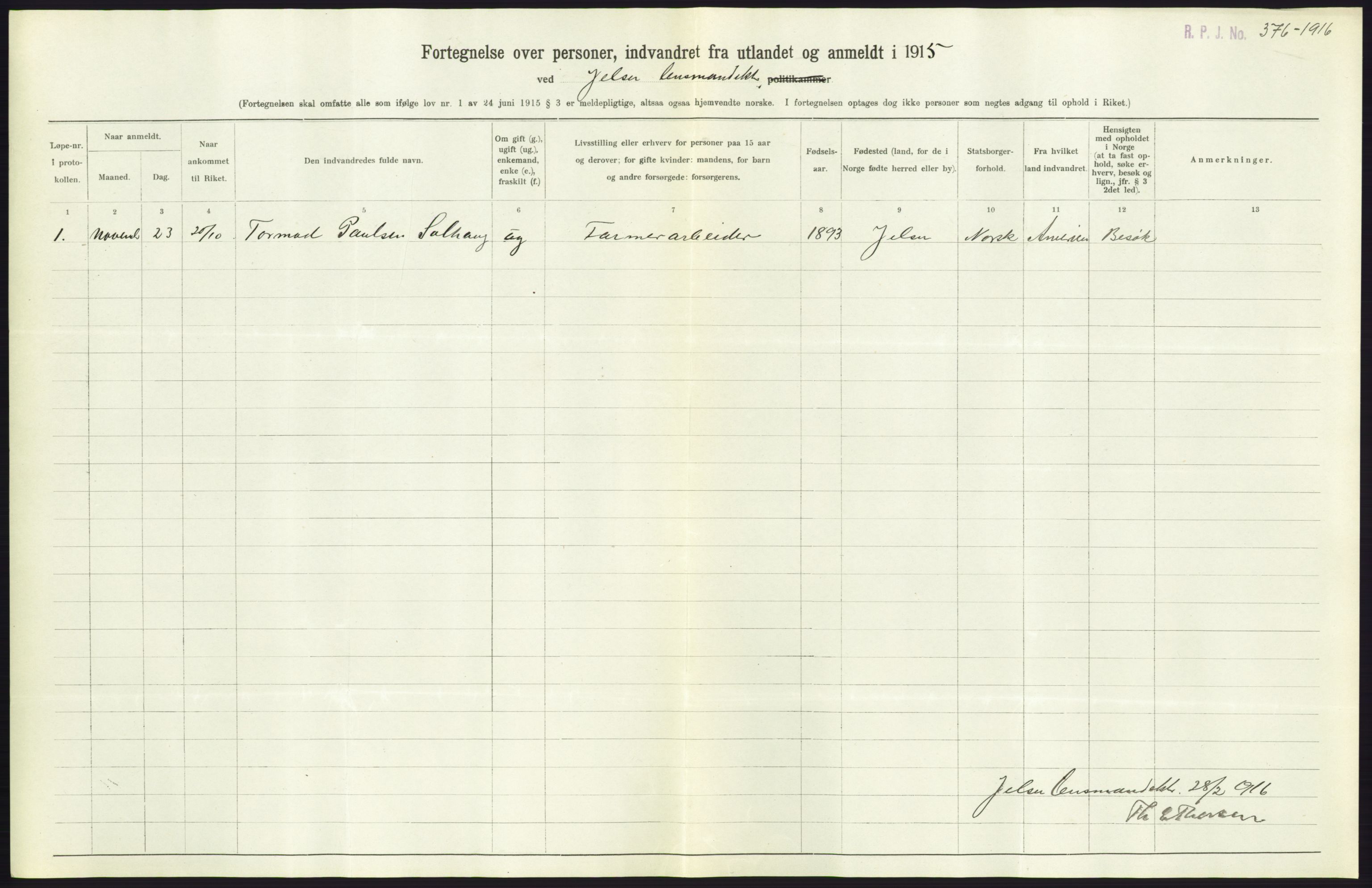 Statistisk sentralbyrå, Sosioøkonomiske emner, Folketellinger, boliger og boforhold, AV/RA-S-2231/F/Fa/L0001: Innvandring. Navn/fylkesvis, 1915, p. 392