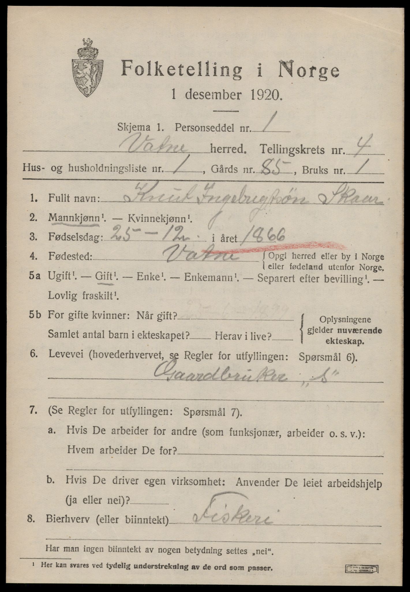 SAT, 1920 census for Vatne, 1920, p. 1812