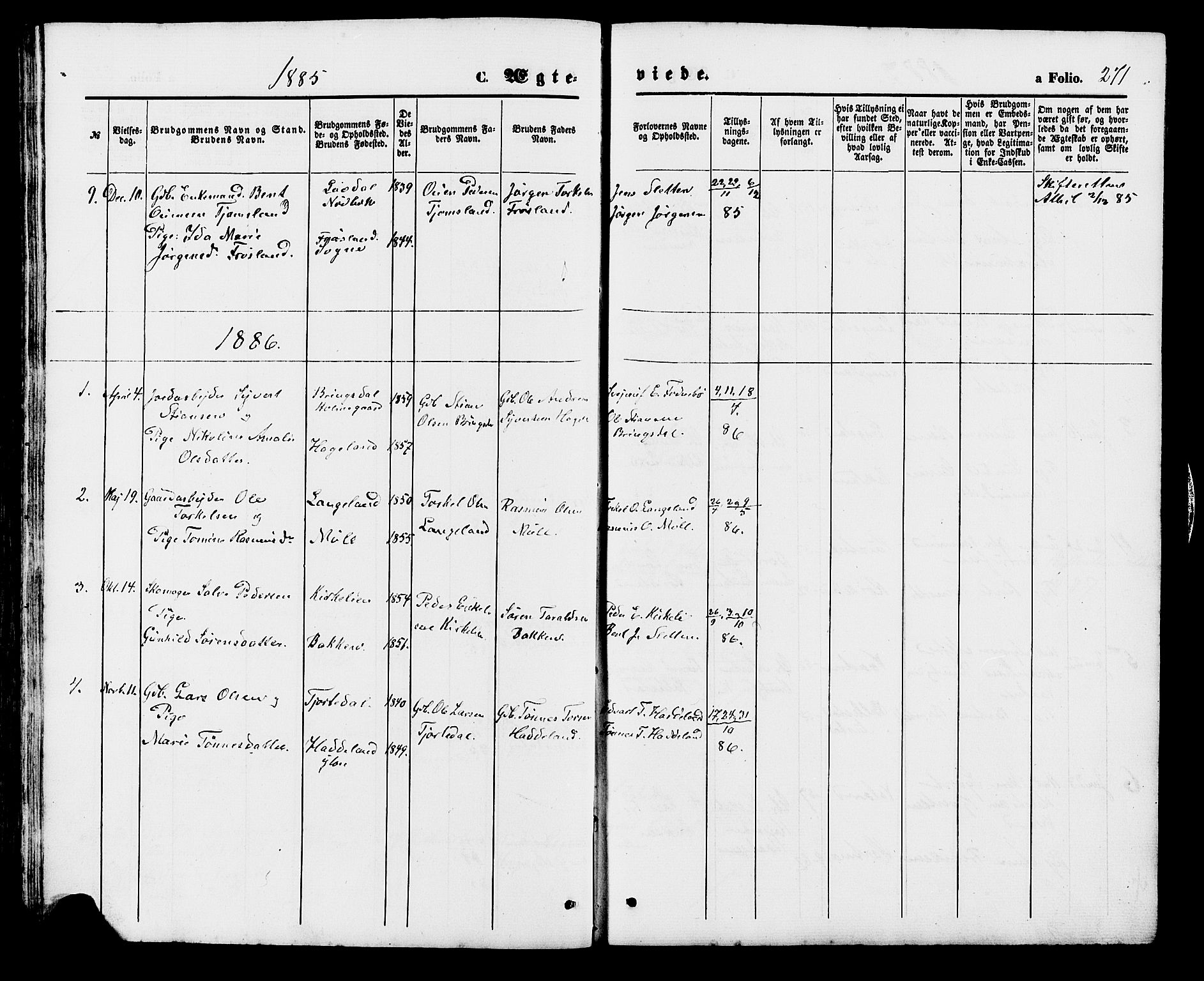 Holum sokneprestkontor, SAK/1111-0022/F/Fb/Fba/L0004: Parish register (copy) no. B 4, 1867-1890, p. 271