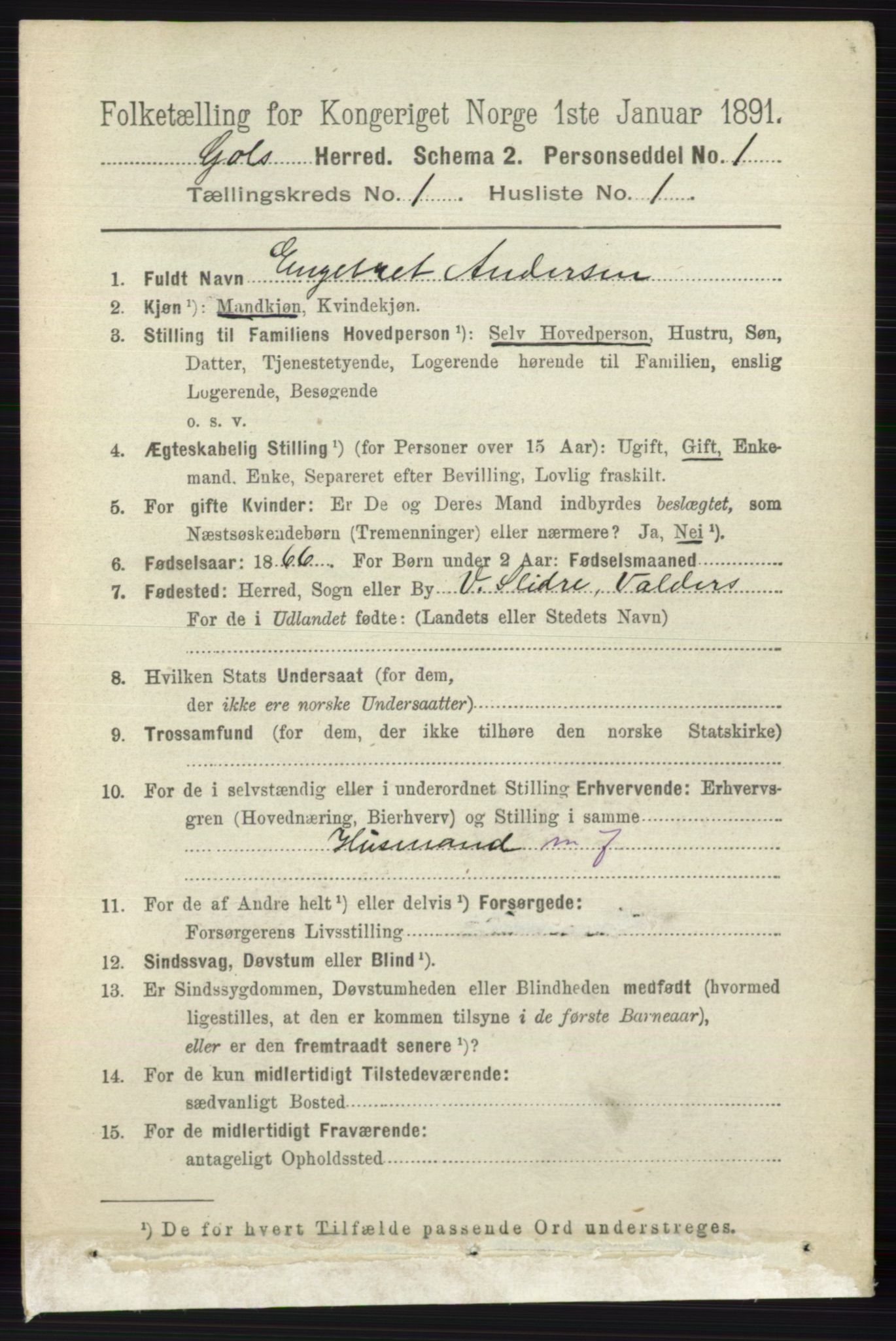 RA, 1891 census for 0617 Gol og Hemsedal, 1891, p. 126