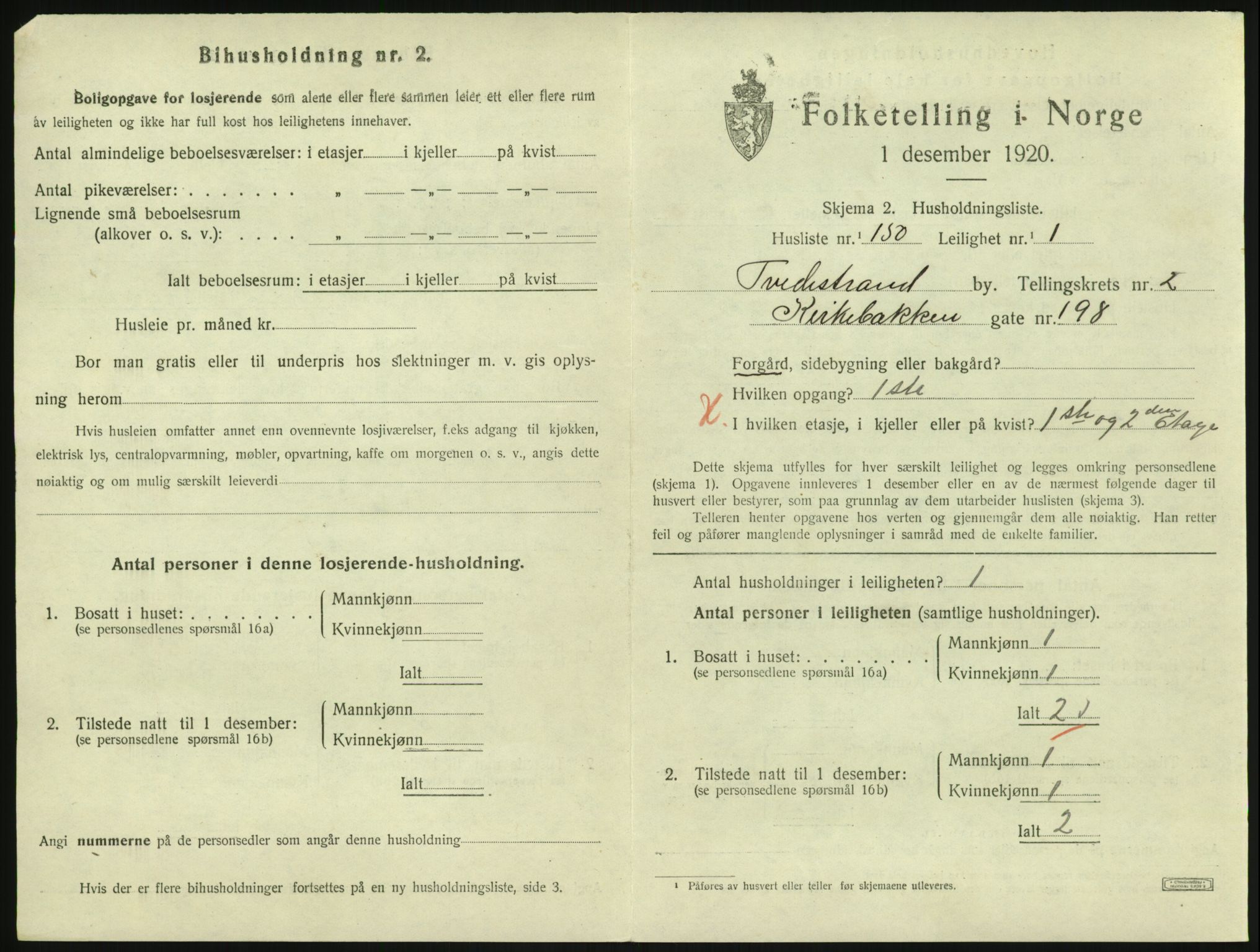 SAK, 1920 census for Tvedestrand, 1920, p. 1325