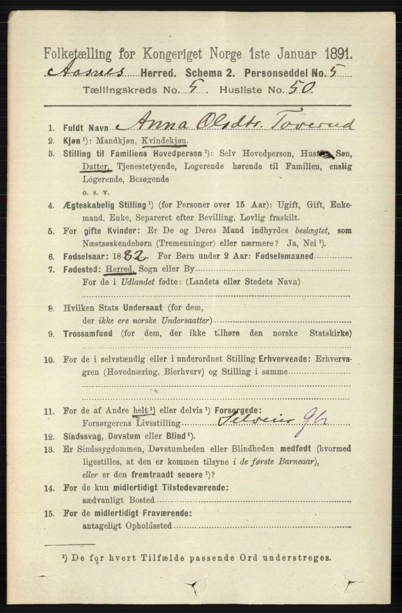 RA, 1891 census for 0425 Åsnes, 1891, p. 2701