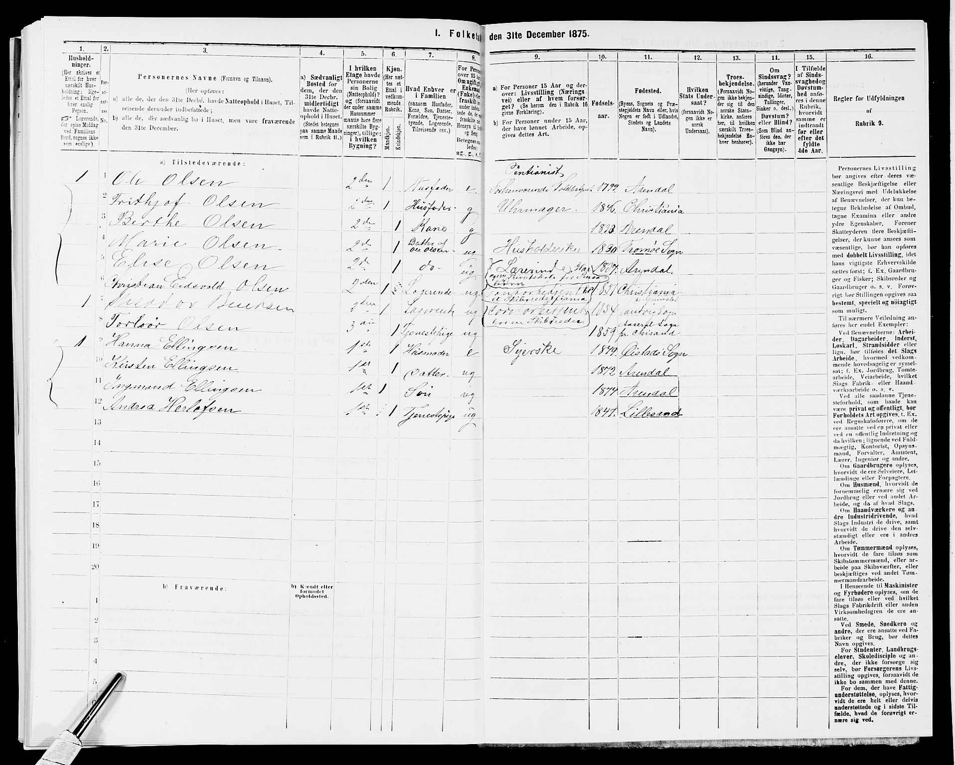 SAK, 1875 census for 0903P Arendal, 1875, p. 359