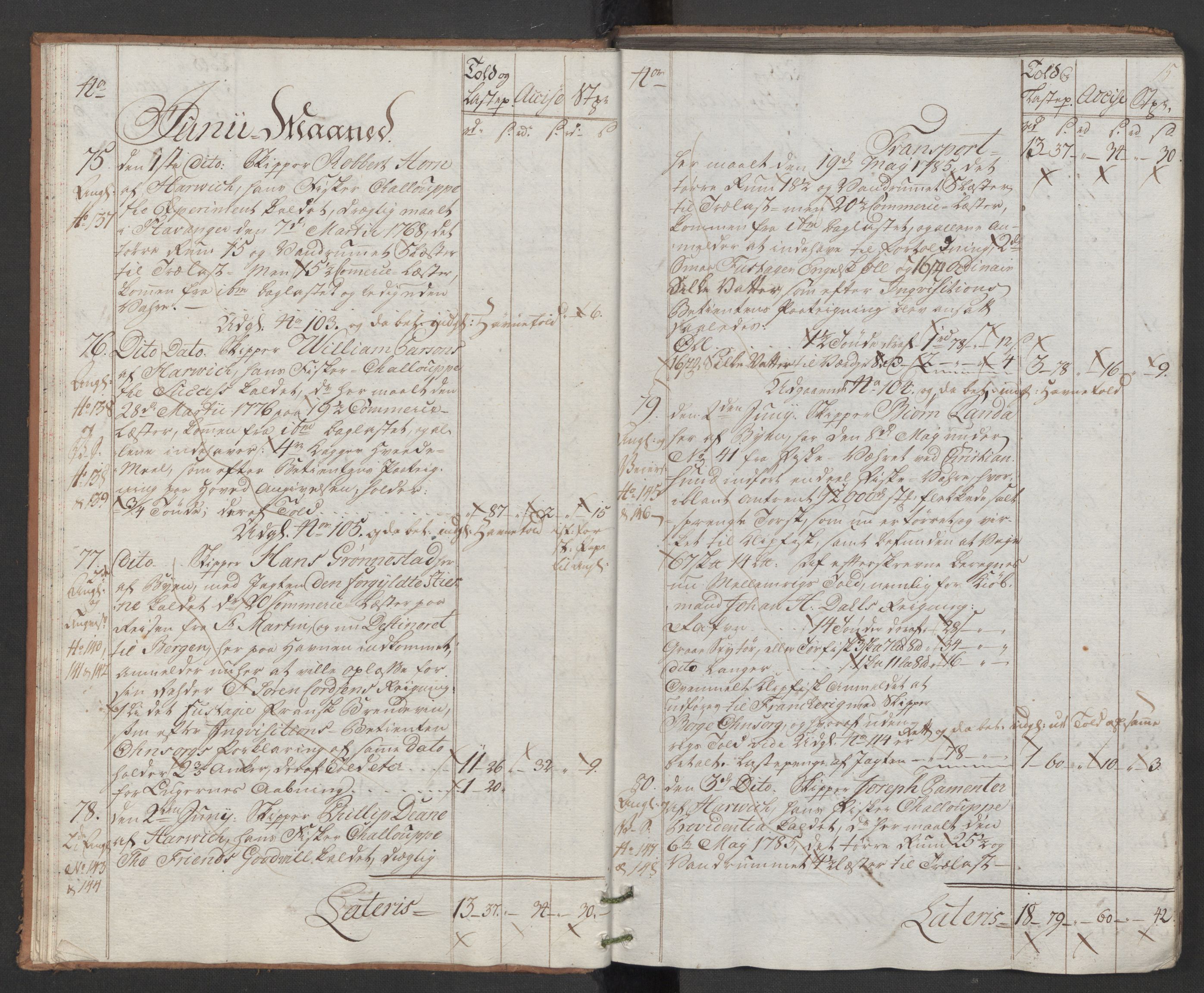 Generaltollkammeret, tollregnskaper, RA/EA-5490/R22/L0048/0001: Tollregnskaper Stavanger / Hovedtollbok, 1786, p. 14b-15a