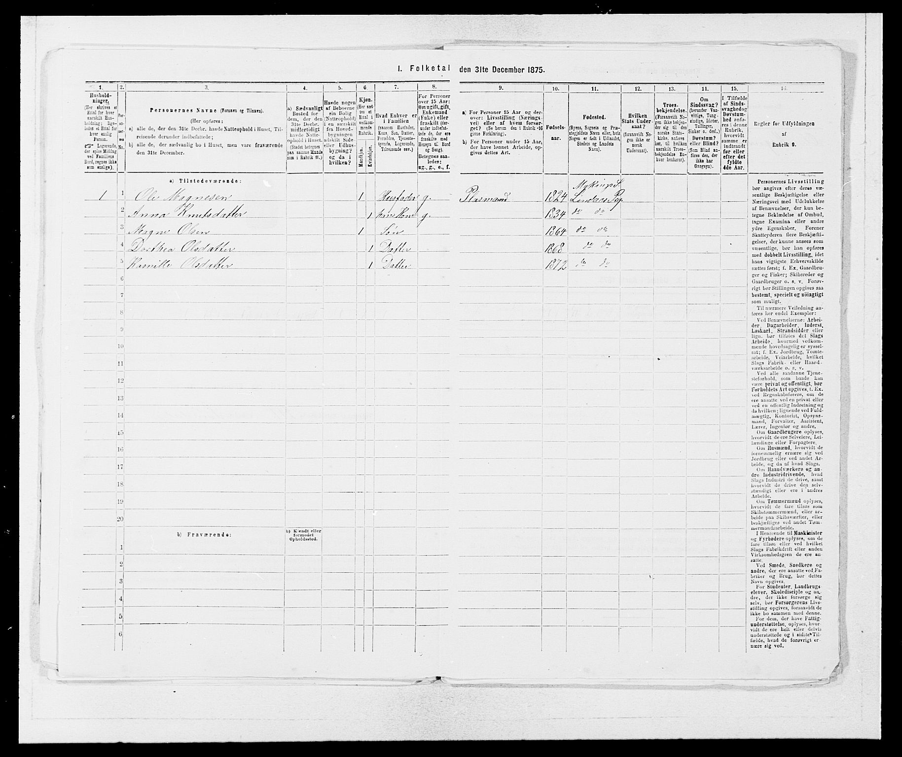 SAB, 1875 census for 1263P Lindås, 1875, p. 825