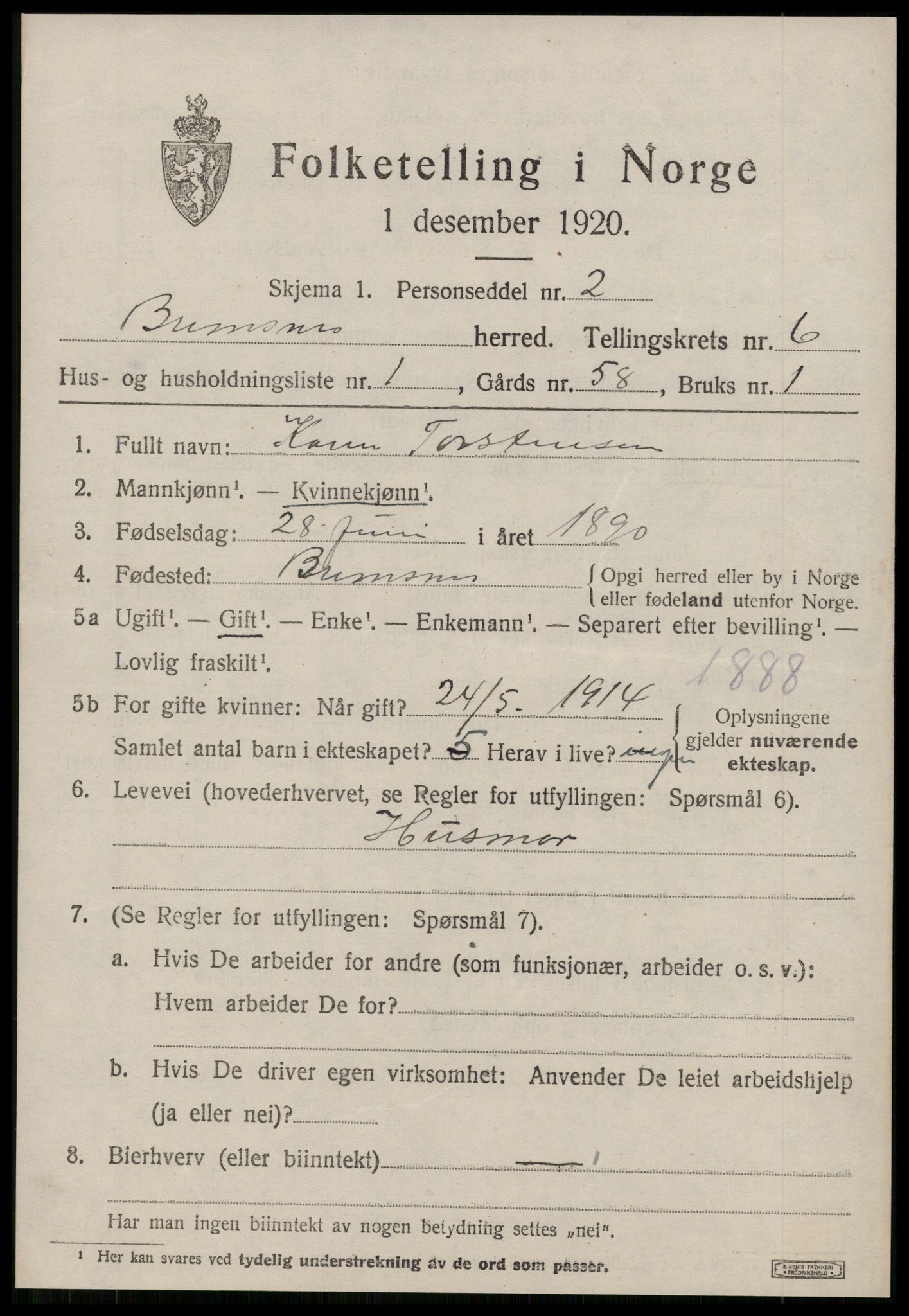 SAT, 1920 census for Bremsnes, 1920, p. 5147