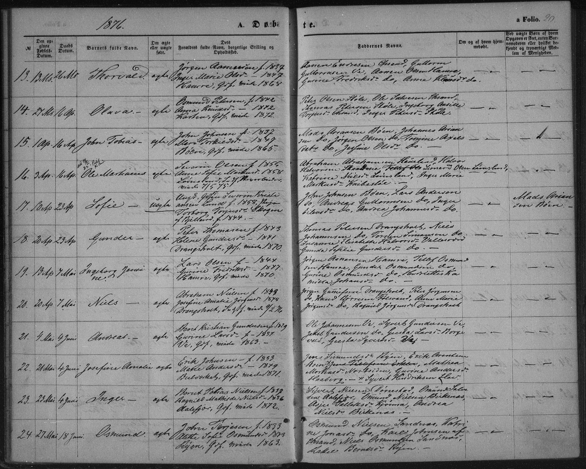 Tveit sokneprestkontor, SAK/1111-0043/F/Fa/L0006: Parish register (official) no. A 6, 1872-1886, p. 20