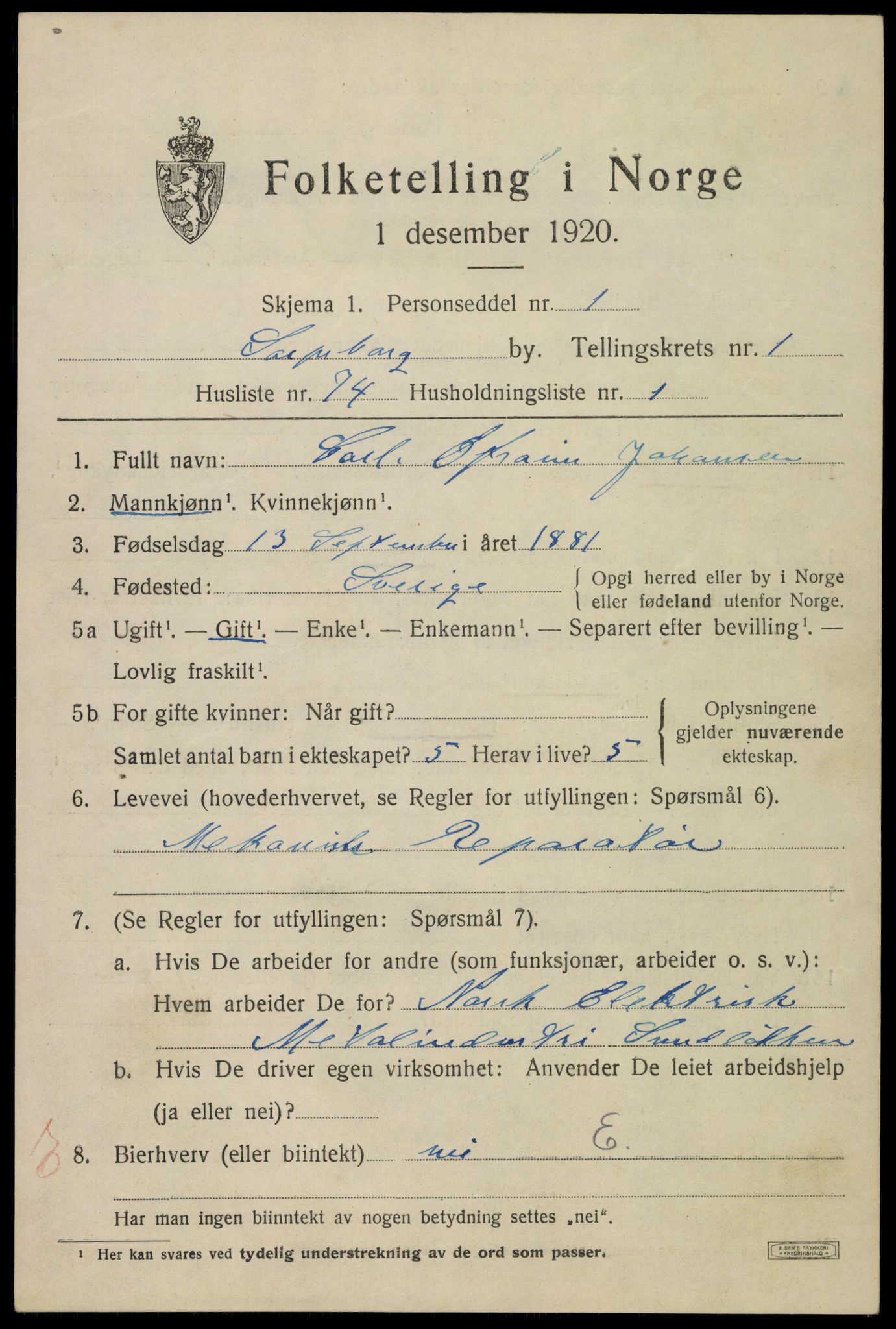 SAO, 1920 census for Sarpsborg, 1920, p. 8692