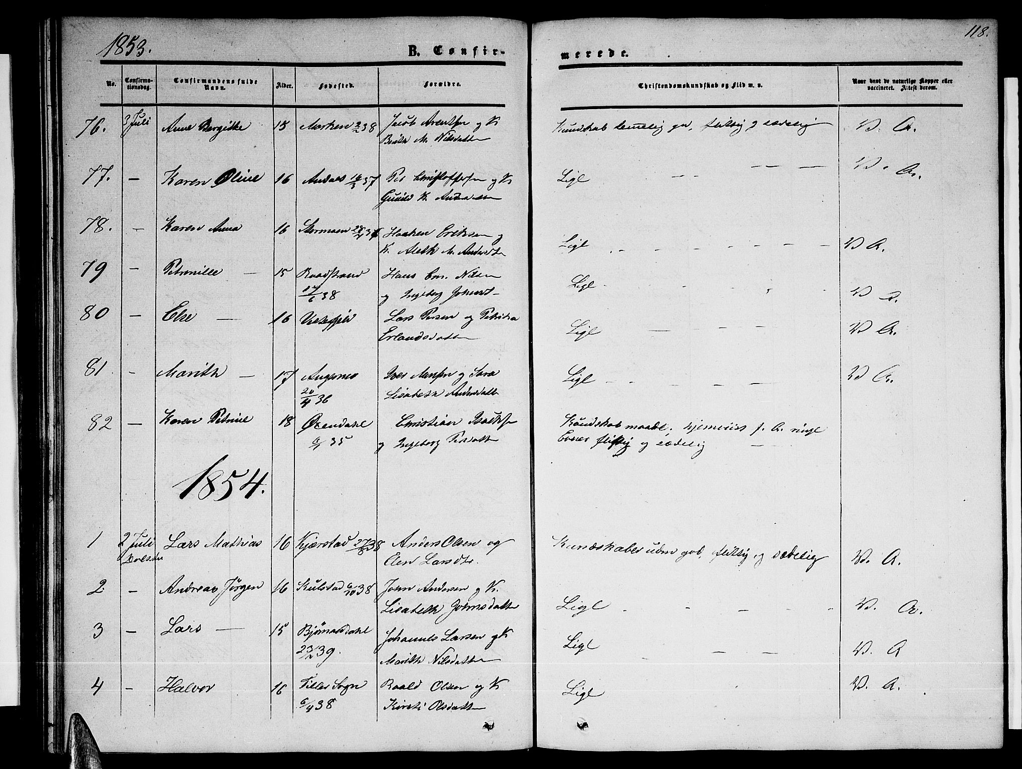 Ministerialprotokoller, klokkerbøker og fødselsregistre - Nordland, SAT/A-1459/820/L0301: Parish register (copy) no. 820C03, 1851-1858, p. 118