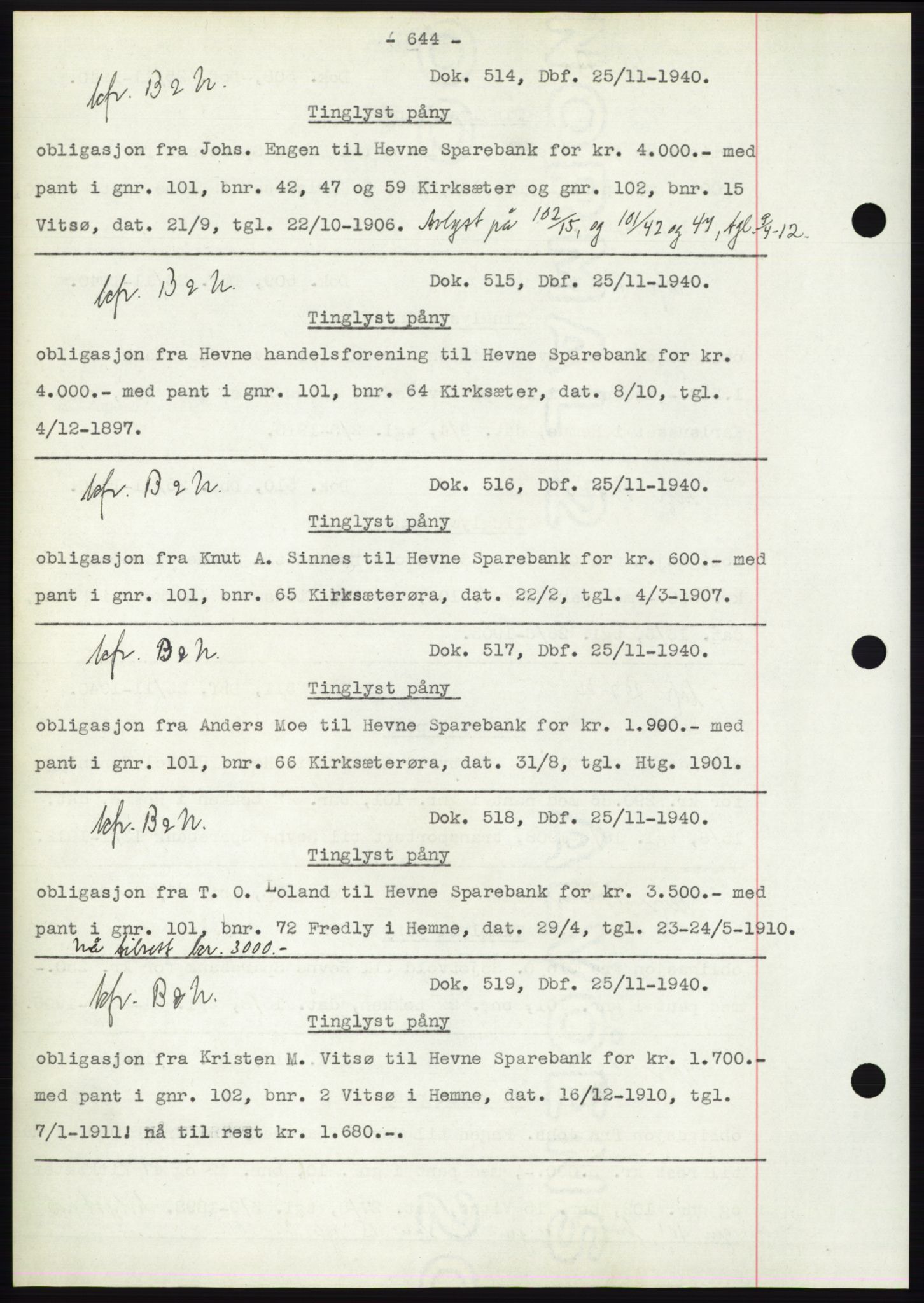 Hitra sorenskriveri, AV/SAT-A-0018/2/2C/2Ca: Mortgage book no. C1, 1936-1945, Diary no: : 514/1940