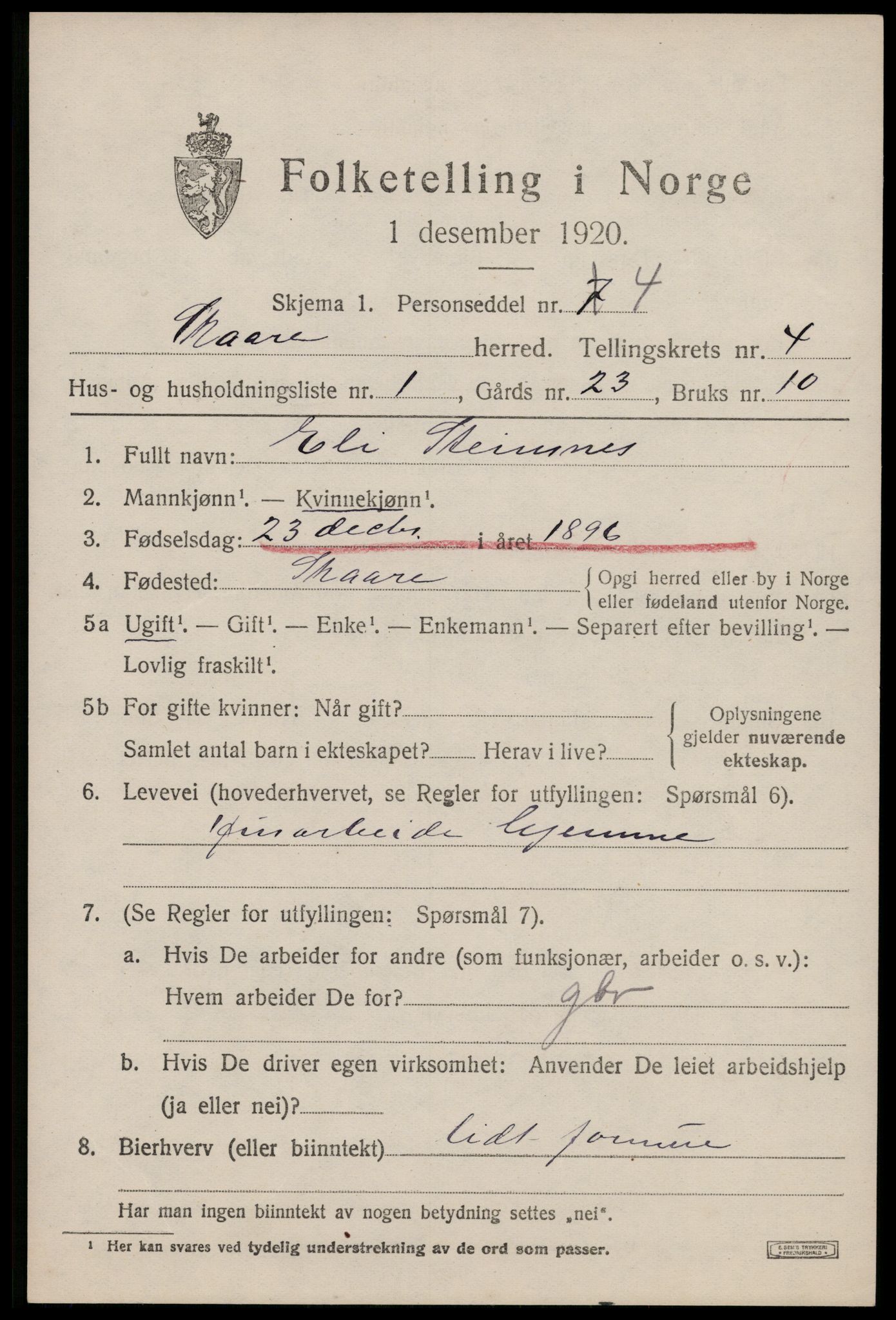 SAST, 1920 census for Skåre, 1920, p. 2088