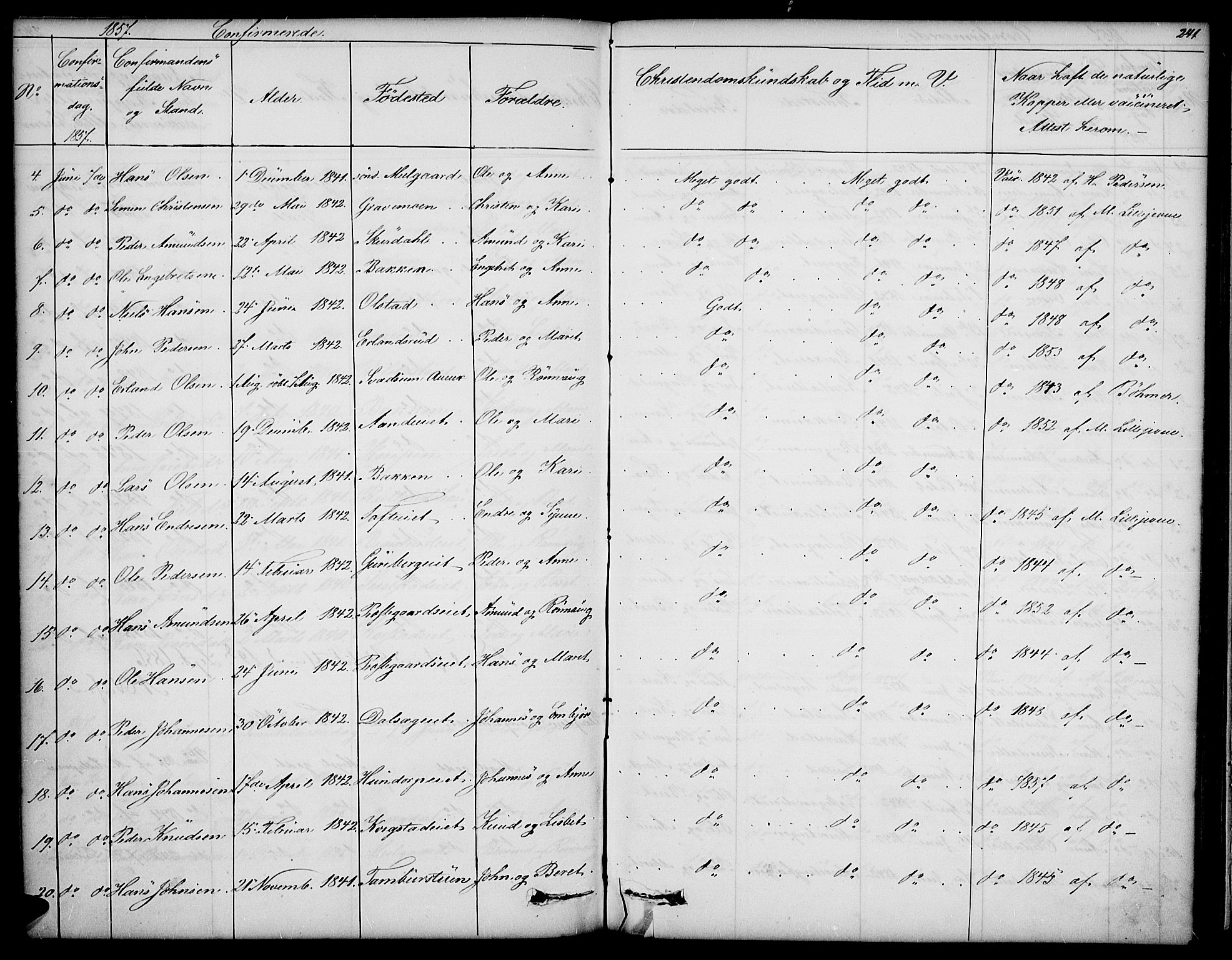 Sør-Fron prestekontor, SAH/PREST-010/H/Ha/Hab/L0001: Parish register (copy) no. 1, 1844-1863, p. 241
