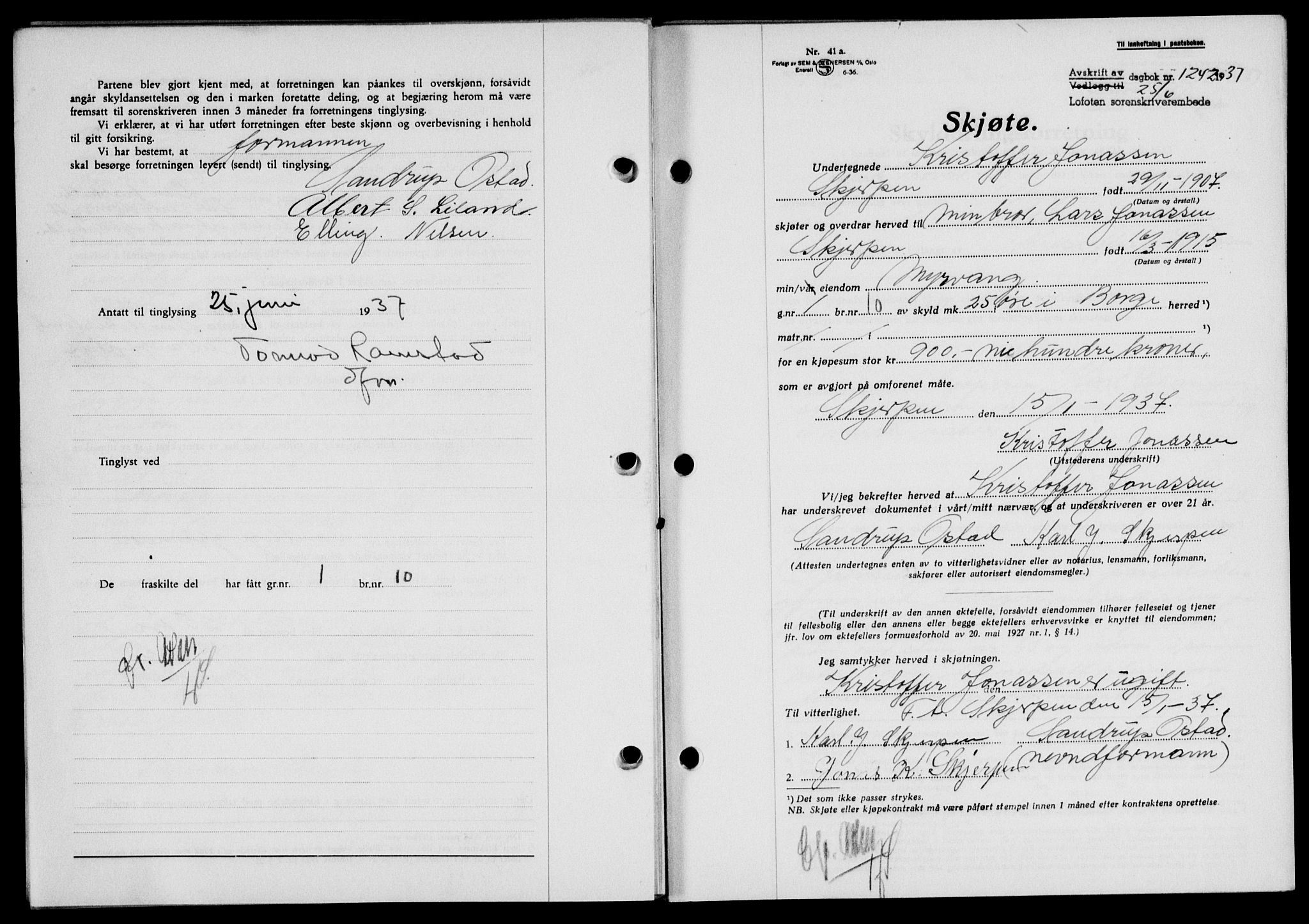 Lofoten sorenskriveri, SAT/A-0017/1/2/2C/L0002a: Mortgage book no. 2a, 1937-1937, Diary no: : 1242/1937