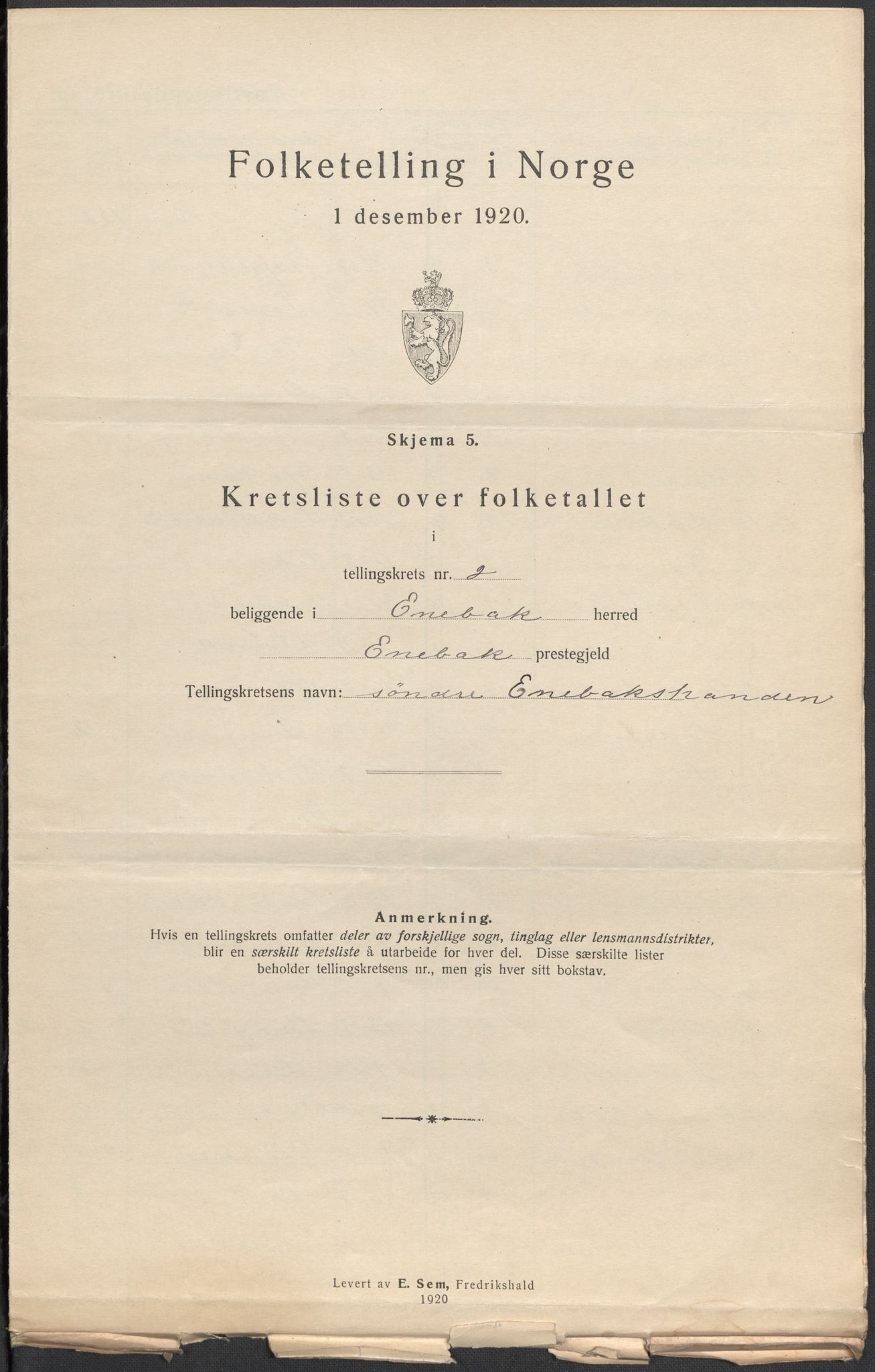 SAO, 1920 census for Enebakk, 1920, p. 15