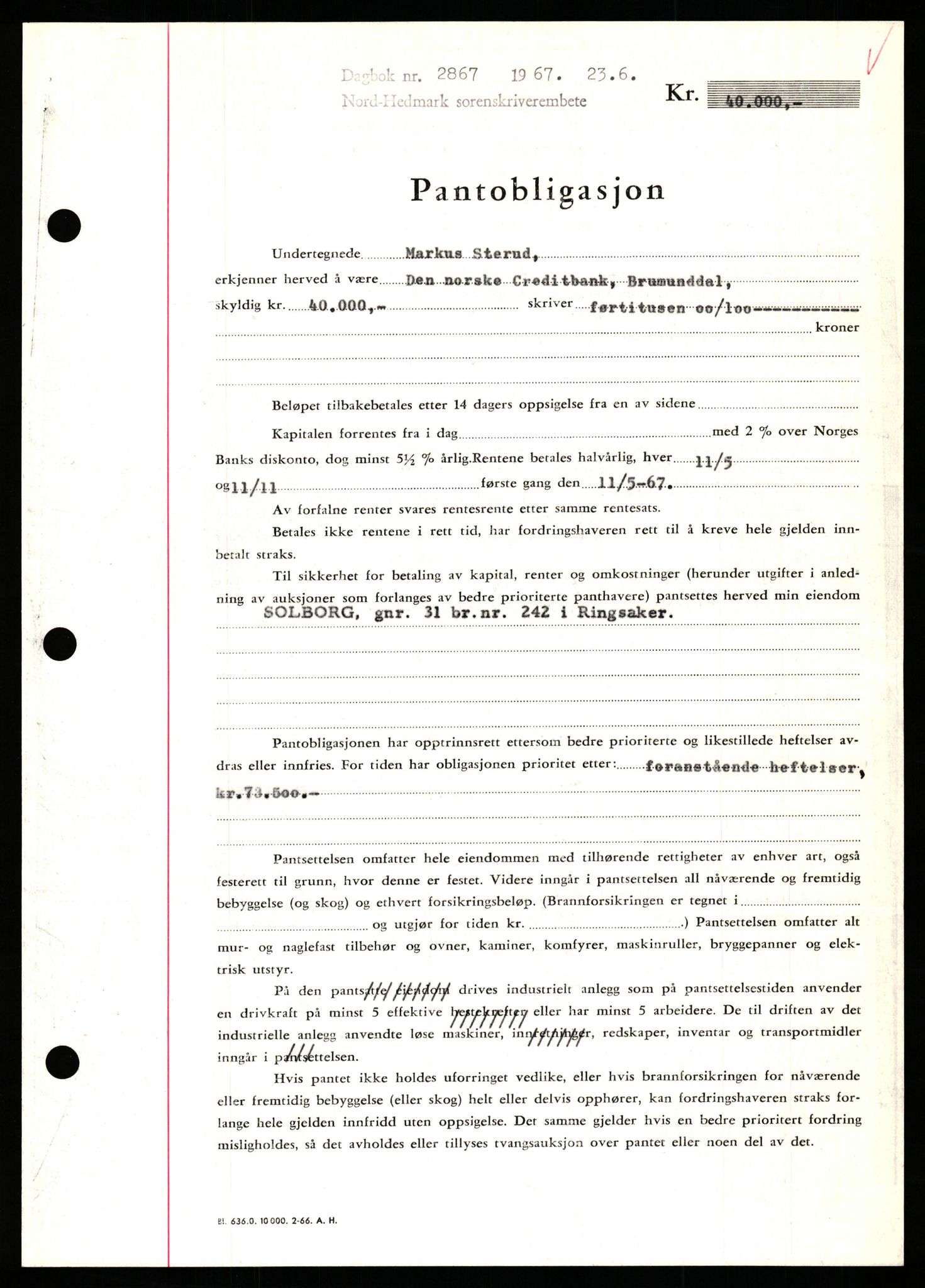 Nord-Hedmark sorenskriveri, SAH/TING-012/H/Hb/Hbf/L0071: Mortgage book no. B71, 1967-1967, Diary no: : 2867/1967