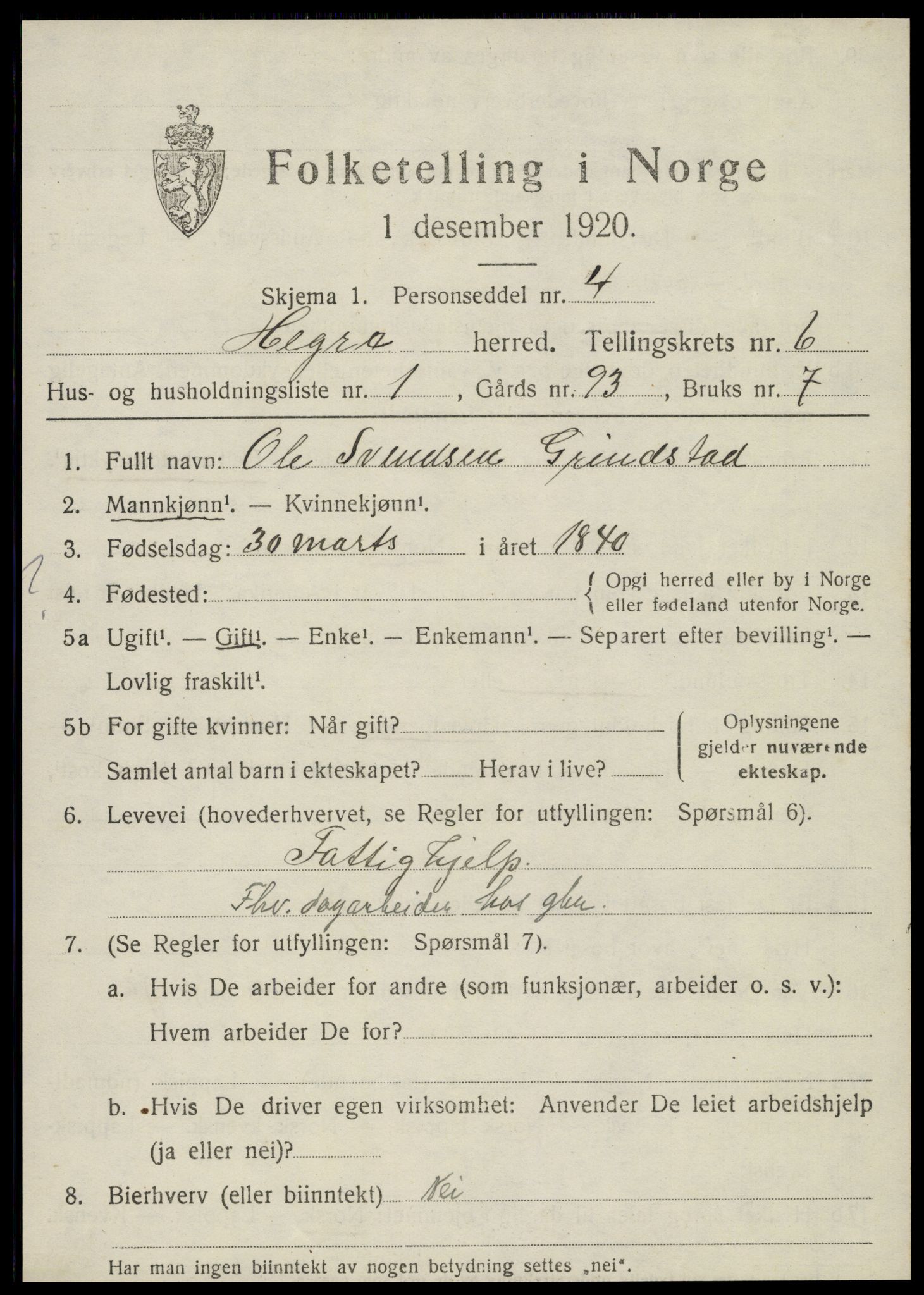 SAT, 1920 census for Hegra, 1920, p. 4862