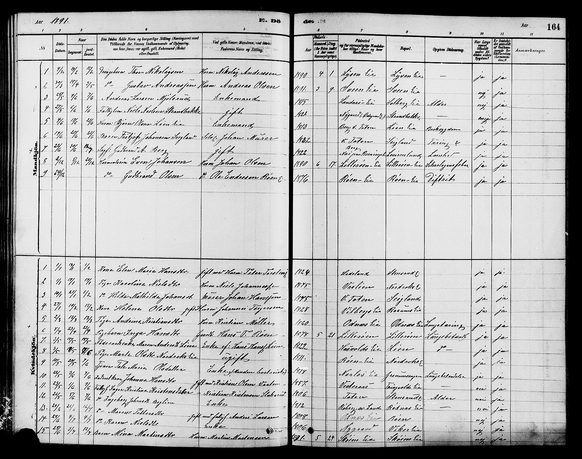 Søndre Land prestekontor, SAH/PREST-122/K/L0002: Parish register (official) no. 2, 1878-1894, p. 164