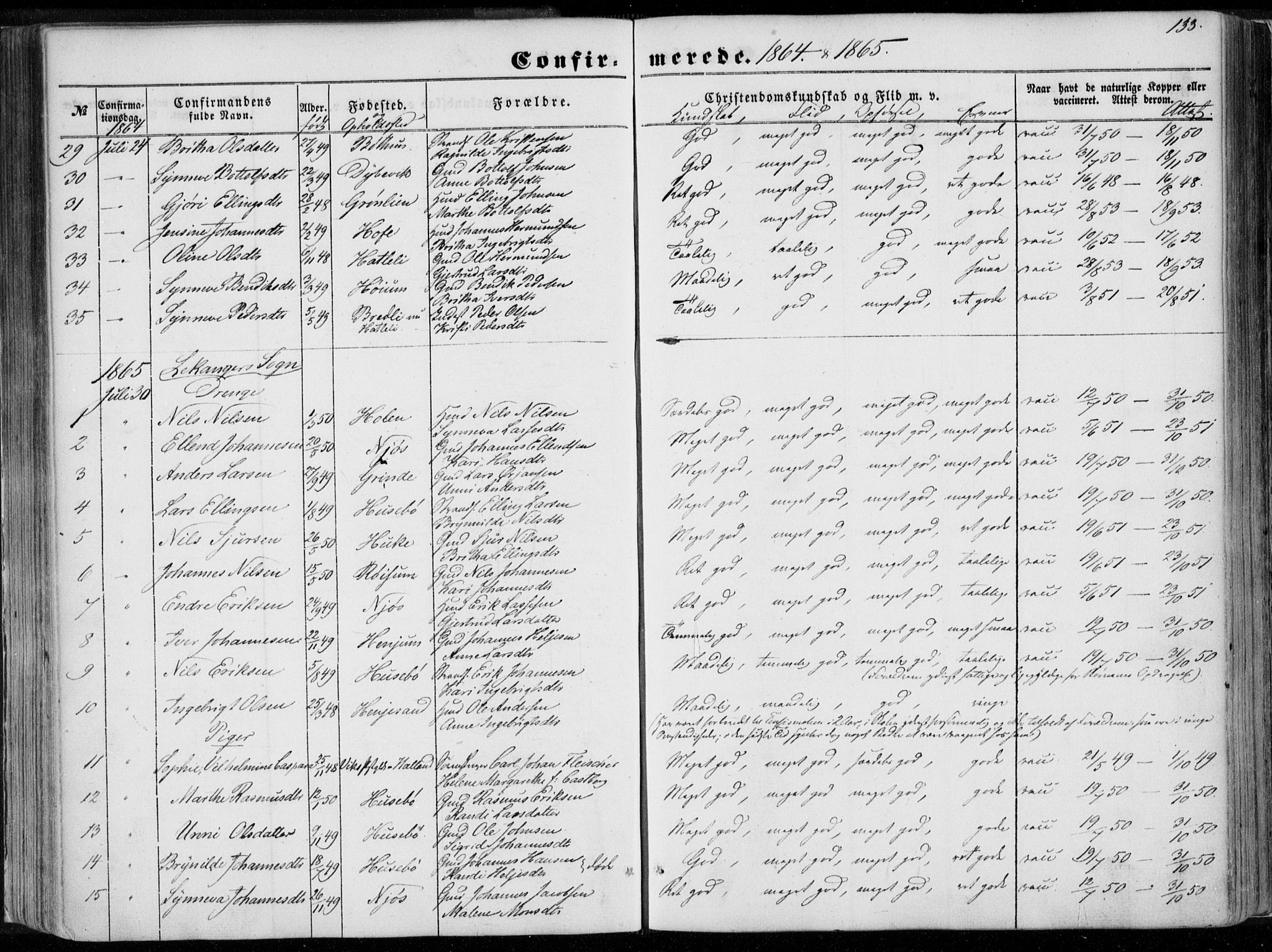 Leikanger sokneprestembete, AV/SAB-A-81001/H/Haa/Haaa/L0008: Parish register (official) no. A 8, 1852-1868, p. 133