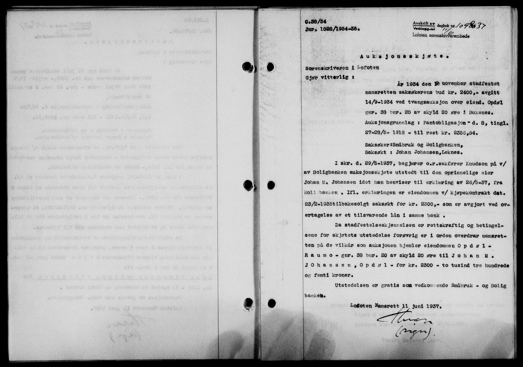 Lofoten sorenskriveri, SAT/A-0017/1/2/2C/L0002a: Mortgage book no. 2a, 1937-1937, Diary no: : 1098/1937