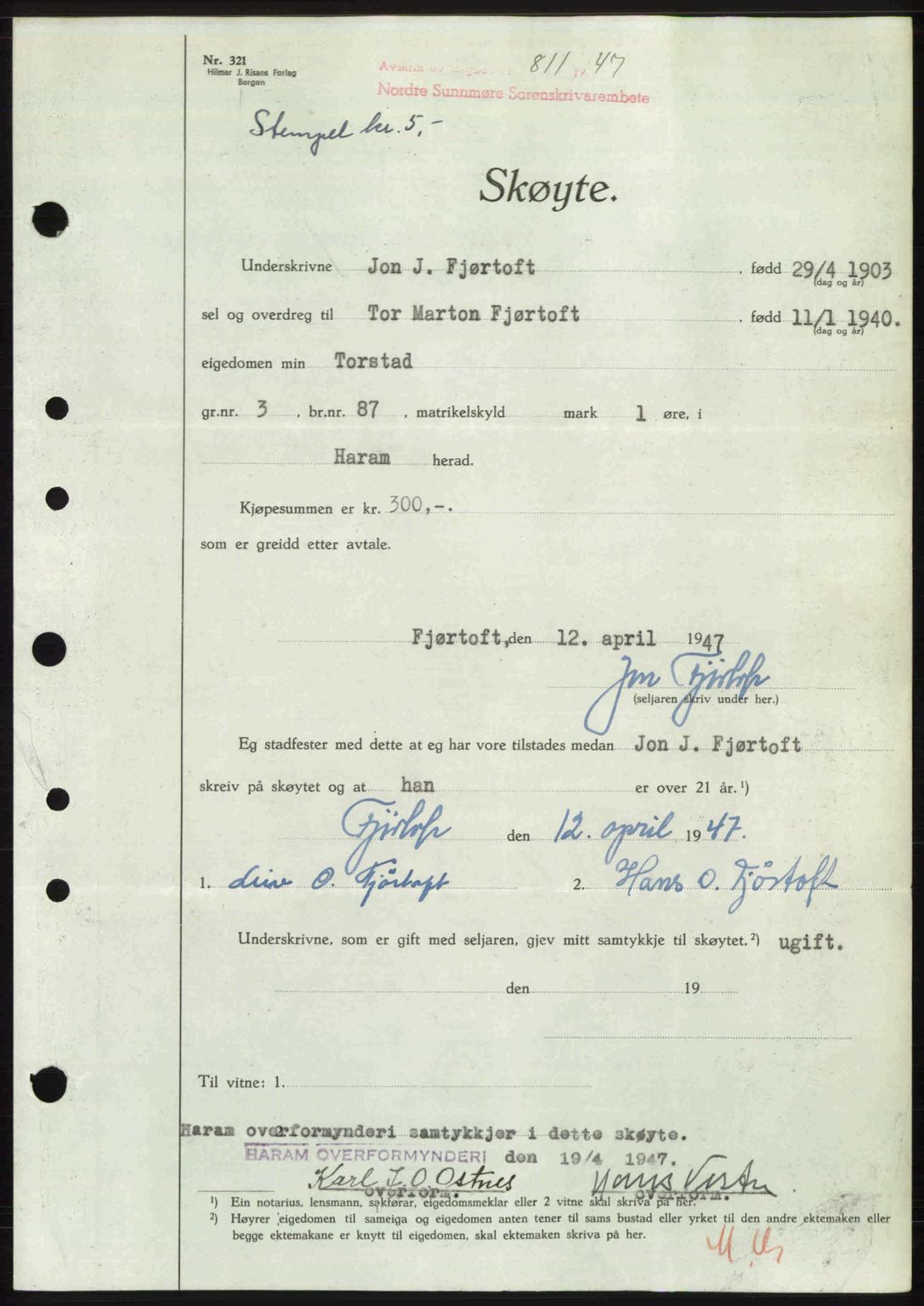 Nordre Sunnmøre sorenskriveri, AV/SAT-A-0006/1/2/2C/2Ca: Mortgage book no. A24, 1947-1947, Diary no: : 811/1947