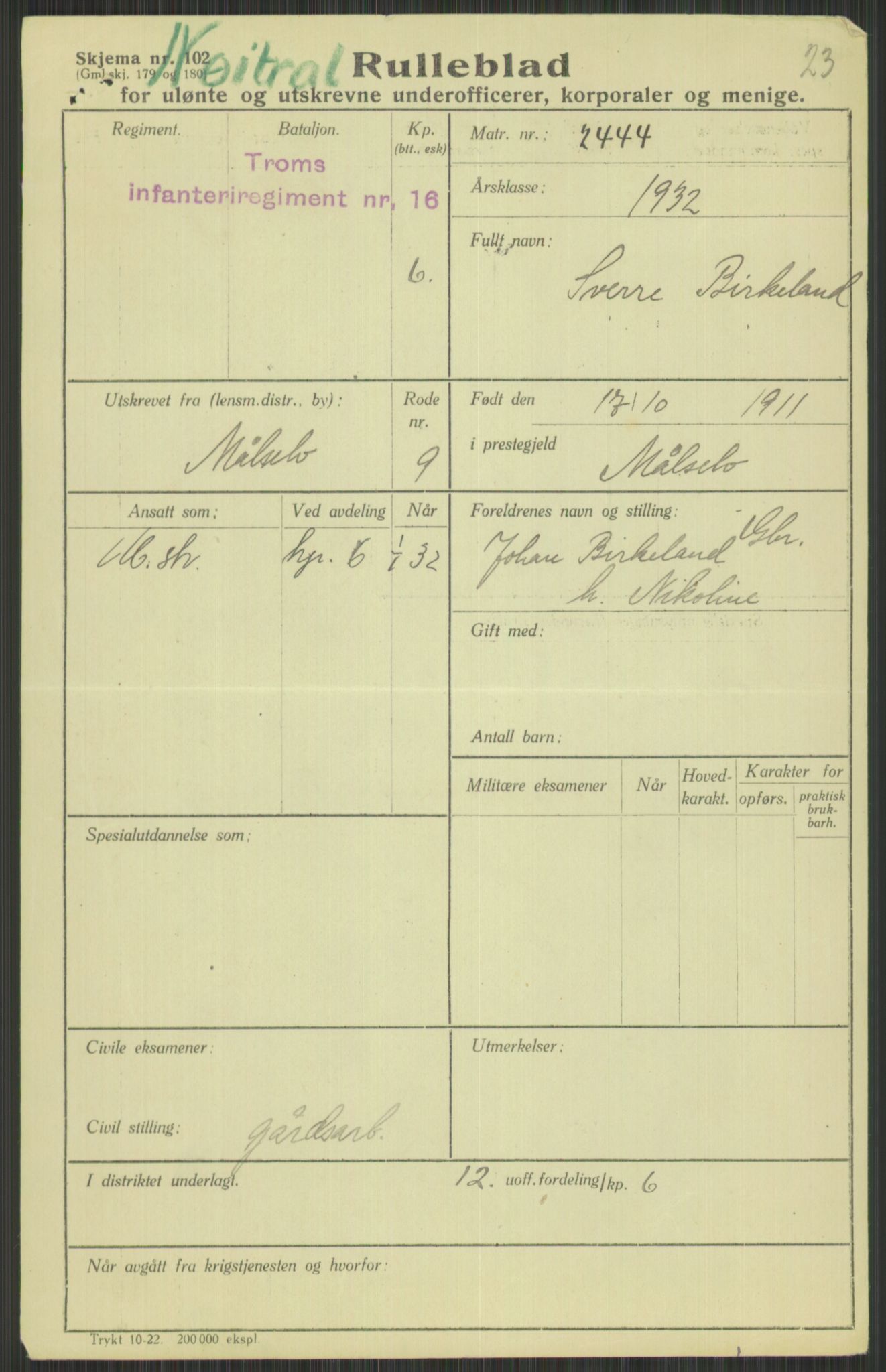 Forsvaret, Troms infanteriregiment nr. 16, AV/RA-RAFA-3146/P/Pa/L0016: Rulleblad for regimentets menige mannskaper, årsklasse 1932, 1932, p. 129