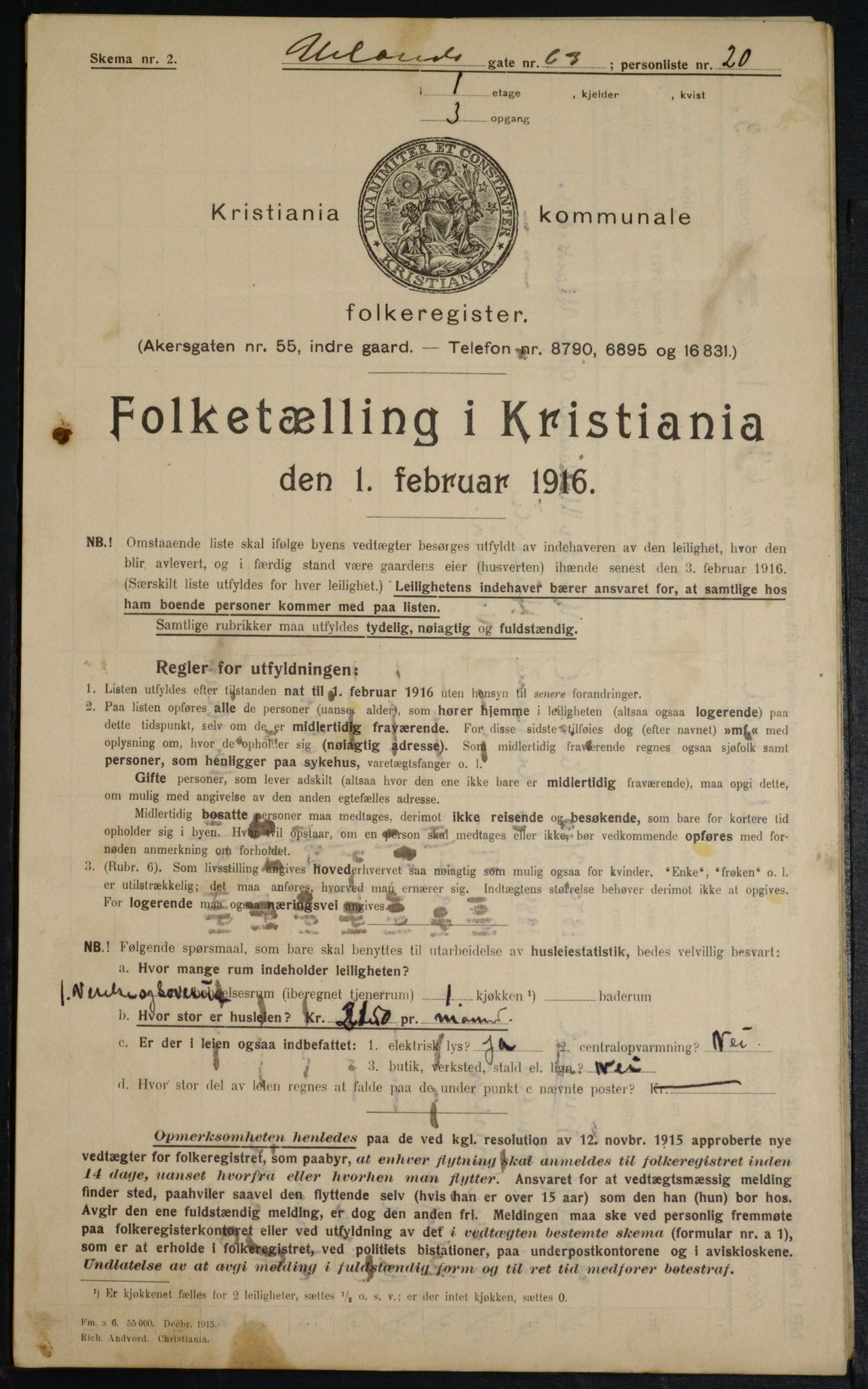 OBA, Municipal Census 1916 for Kristiania, 1916, p. 122124