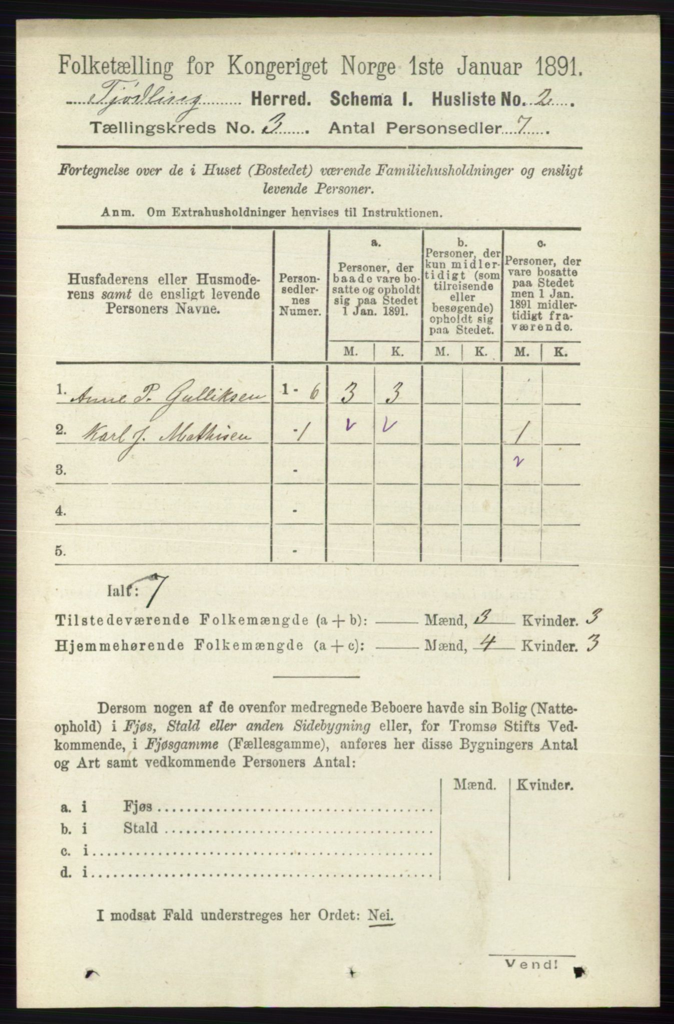 RA, 1891 census for 0725 Tjølling, 1891, p. 827