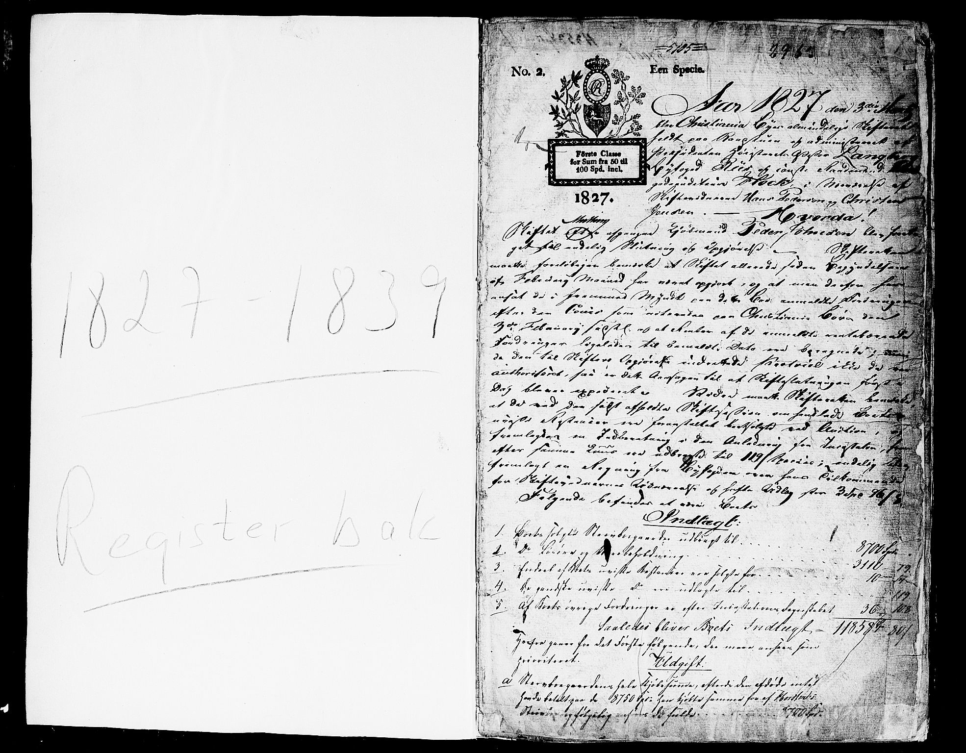 Oslo skifterett, AV/SAO-A-10383/H/Hd/Hda/L0001a: Skifteutlodningsprotokoll, 1827-1839, p. 1a