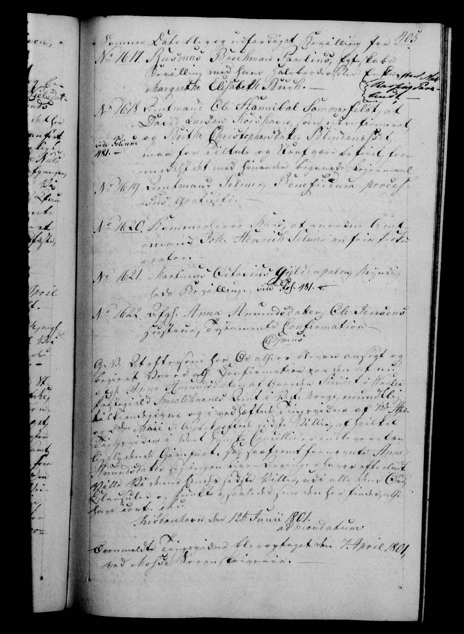 Danske Kanselli 1800-1814, RA/EA-3024/H/Hf/Hfb/Hfba/L0001: Registranter, 1800-1801, p. 405a