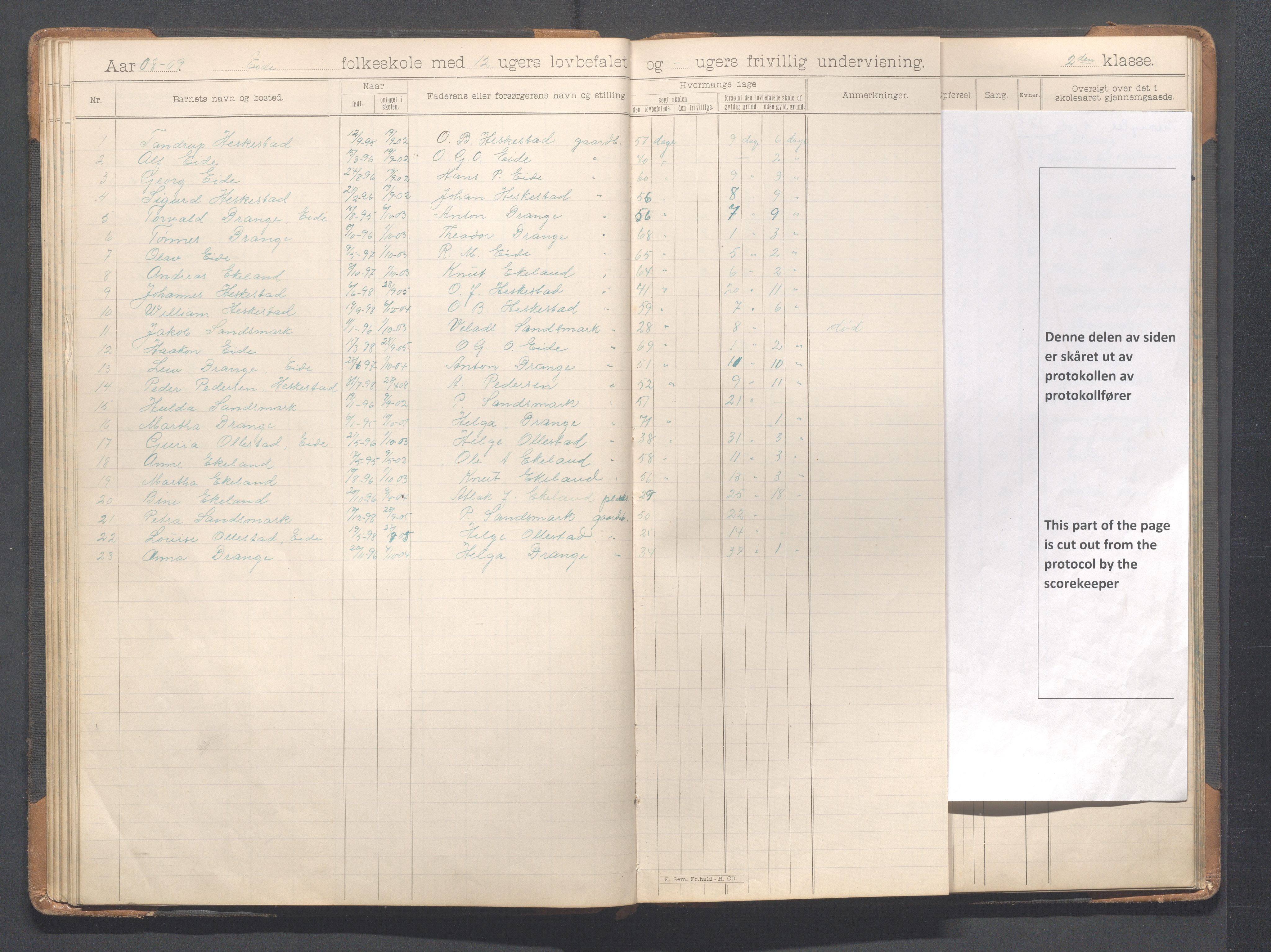 Heskestad kommune - Eide skole, IKAR/K-101744/H/L0001: Skoleprotokoll, 1898-1922, p. 43