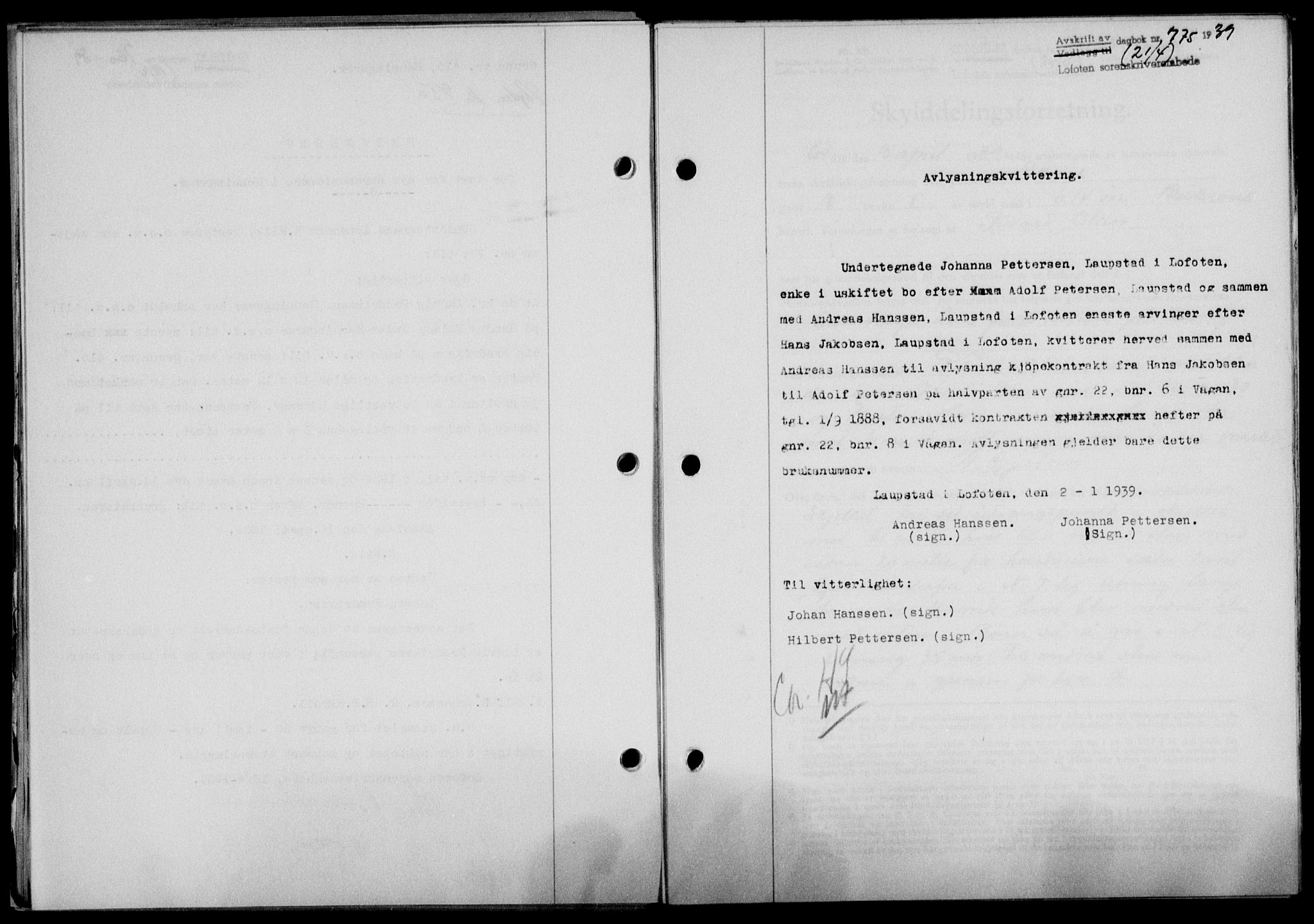 Lofoten sorenskriveri, SAT/A-0017/1/2/2C/L0005a: Mortgage book no. 5a, 1939-1939, Diary no: : 775/1939