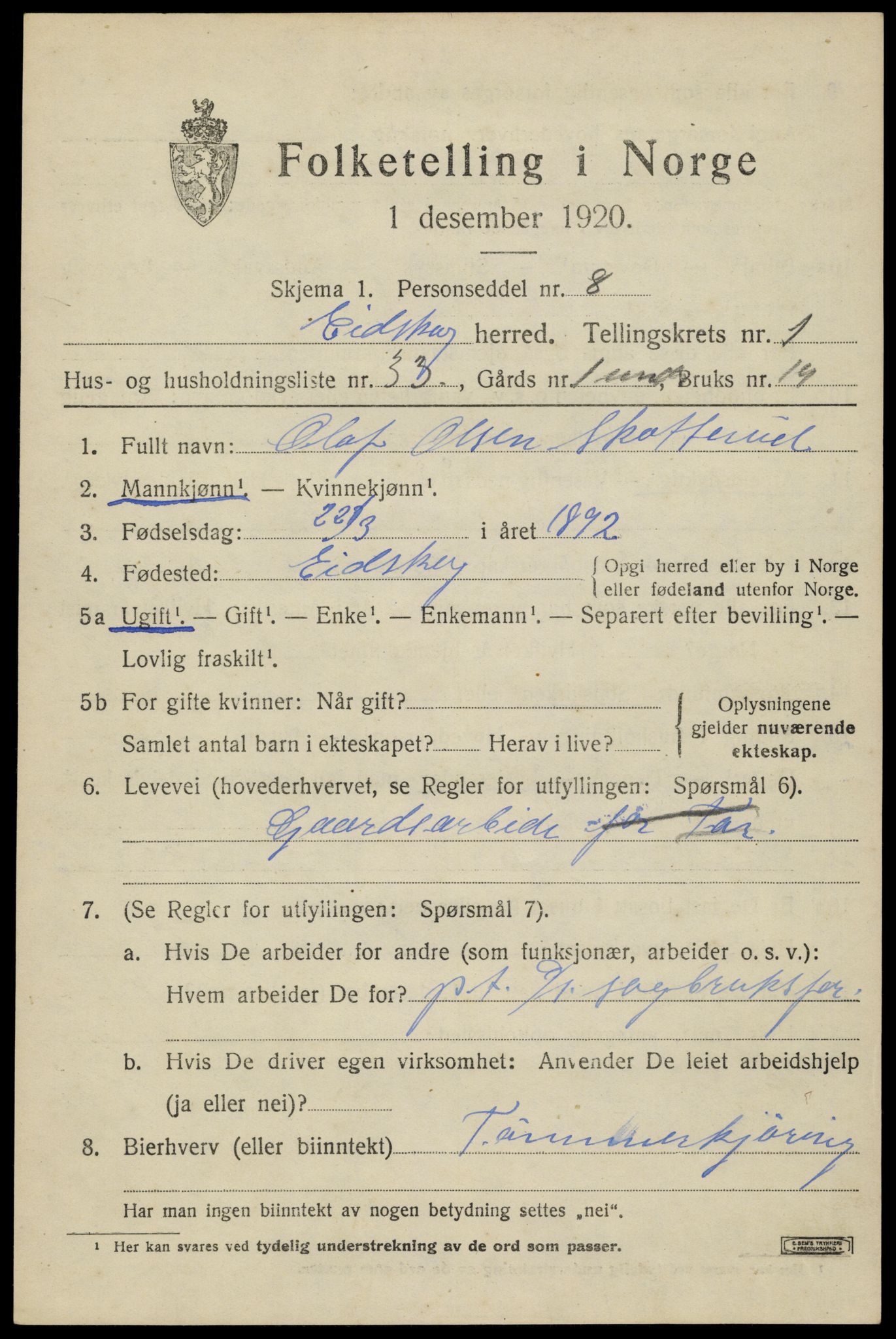 SAH, 1920 census for Eidskog, 1920, p. 2767