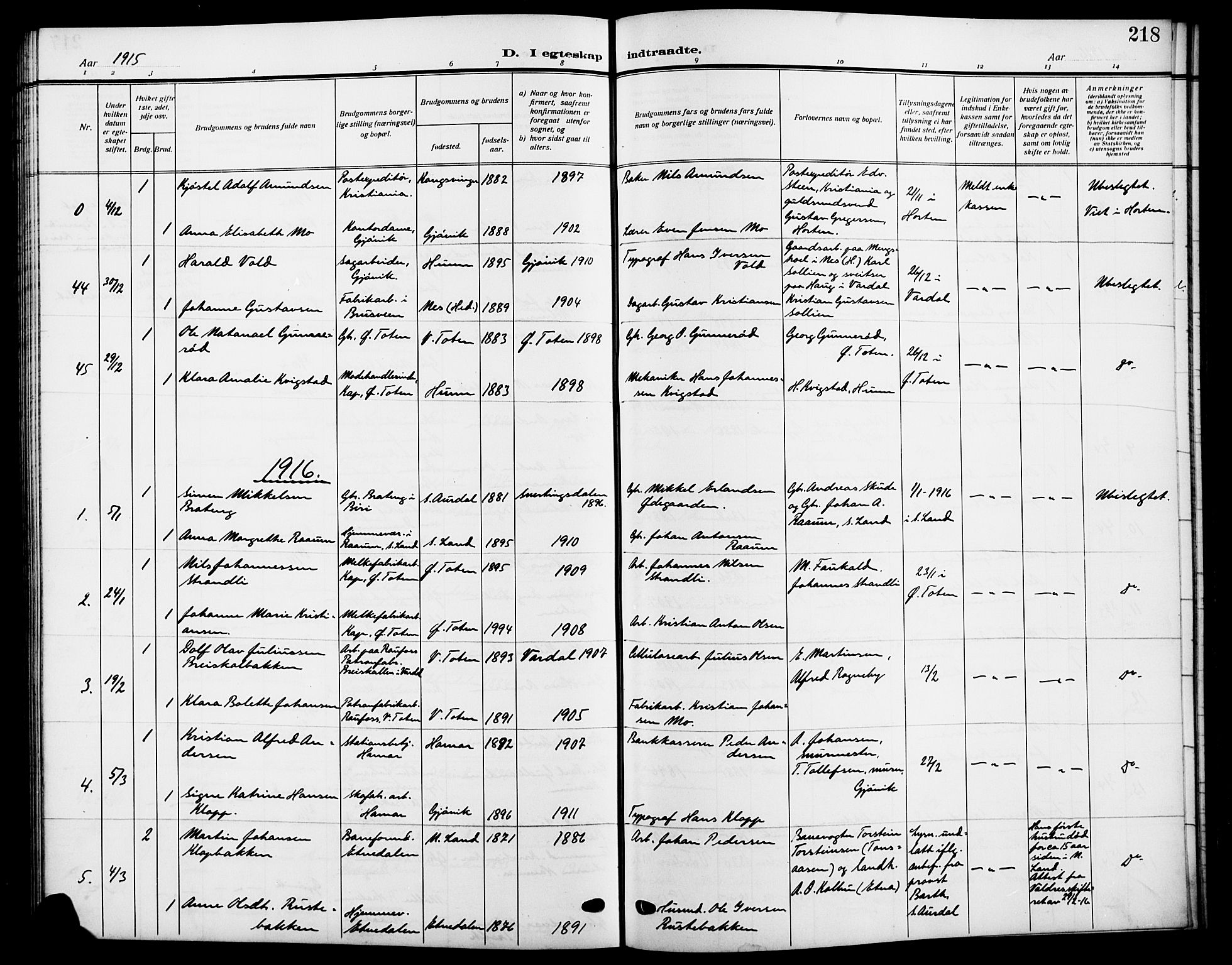 Vardal prestekontor, SAH/PREST-100/H/Ha/Hab/L0014: Parish register (copy) no. 14, 1911-1922, p. 218