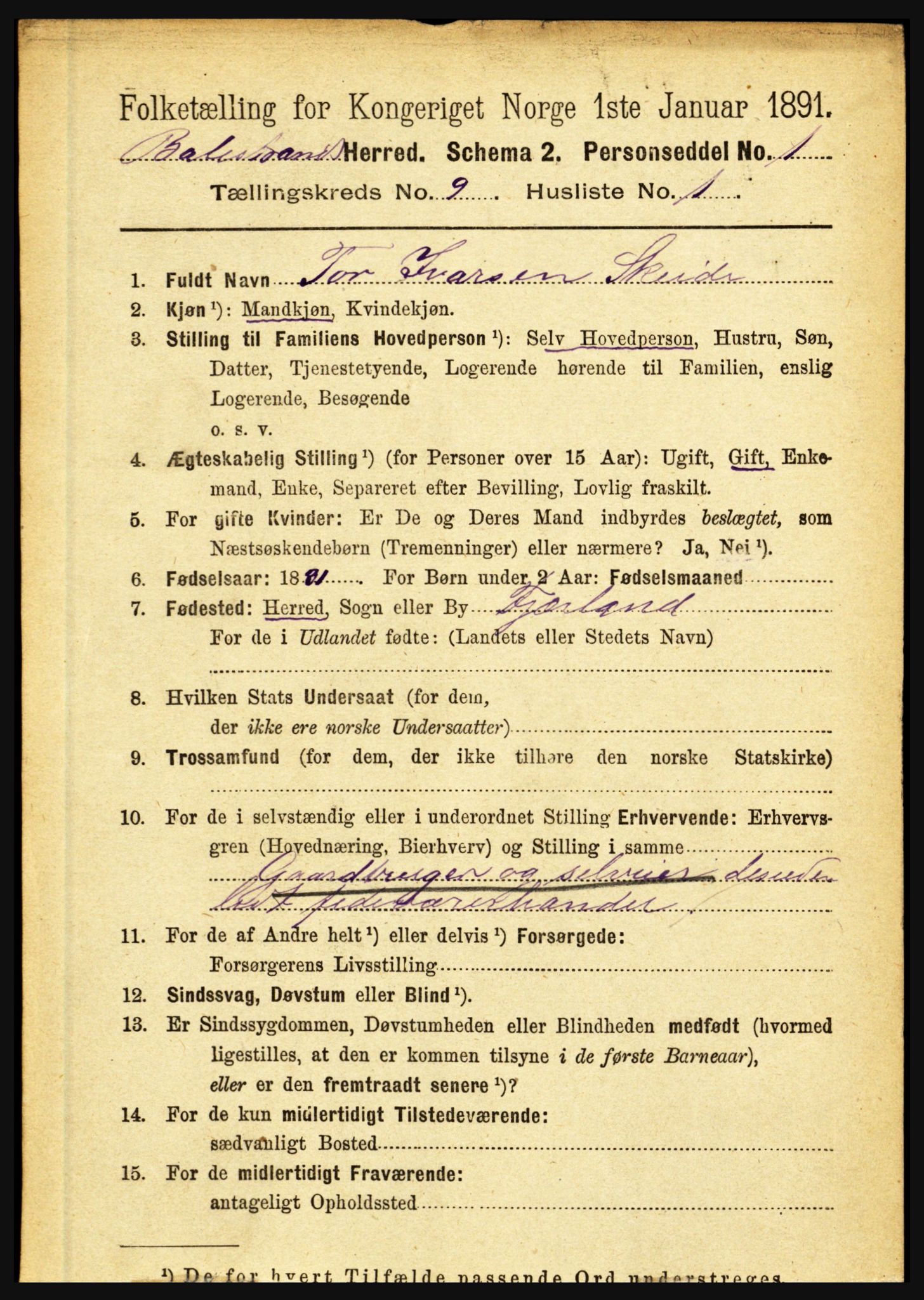 RA, 1891 census for 1418 Balestrand, 1891, p. 2045