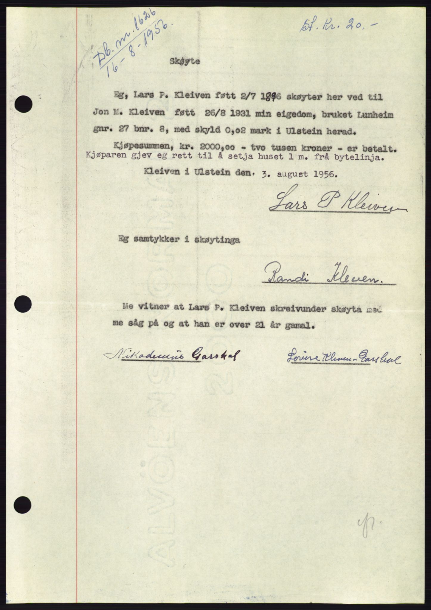 Søre Sunnmøre sorenskriveri, AV/SAT-A-4122/1/2/2C/L0104: Mortgage book no. 30A, 1956-1956, Diary no: : 1626/1956