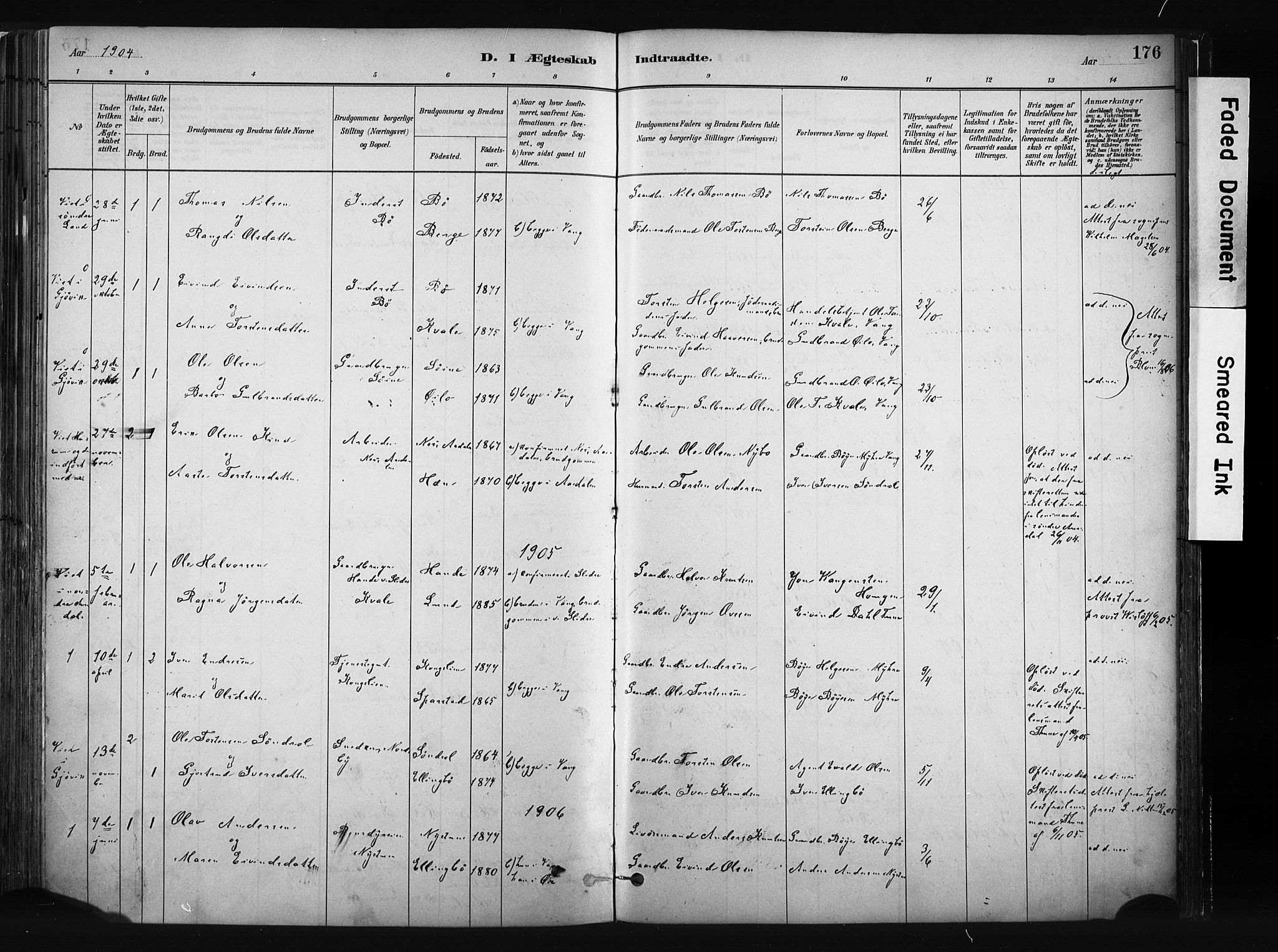 Vang prestekontor, Valdres, SAH/PREST-140/H/Ha/L0008: Parish register (official) no. 8, 1882-1910, p. 176