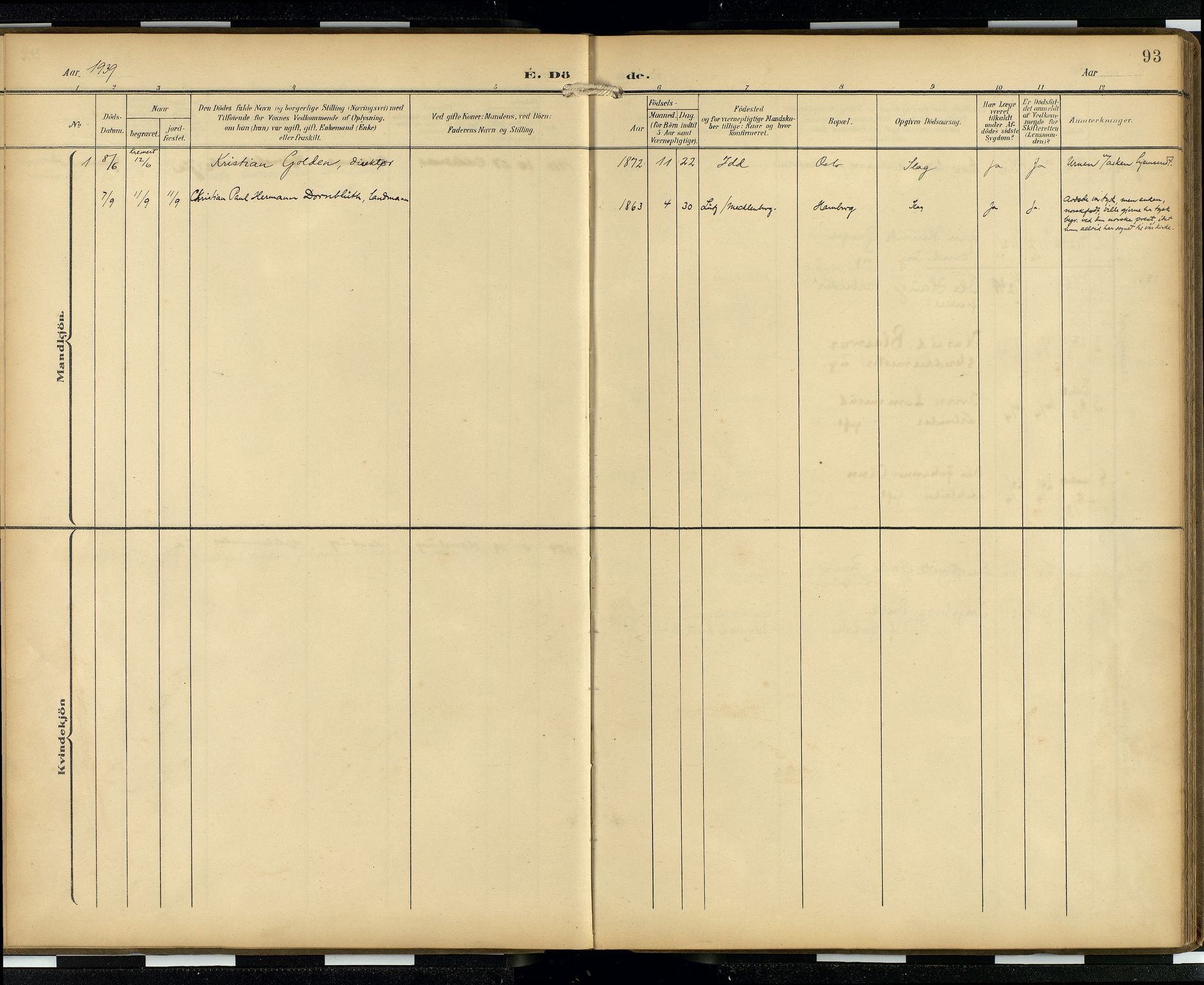 Den norske sjømannsmisjon i utlandet/Hamburg, AV/SAB-SAB/PA-0107/H/Ha/L0001: Parish register (official) no. A 1, 1907-1951, p. 92b-93a